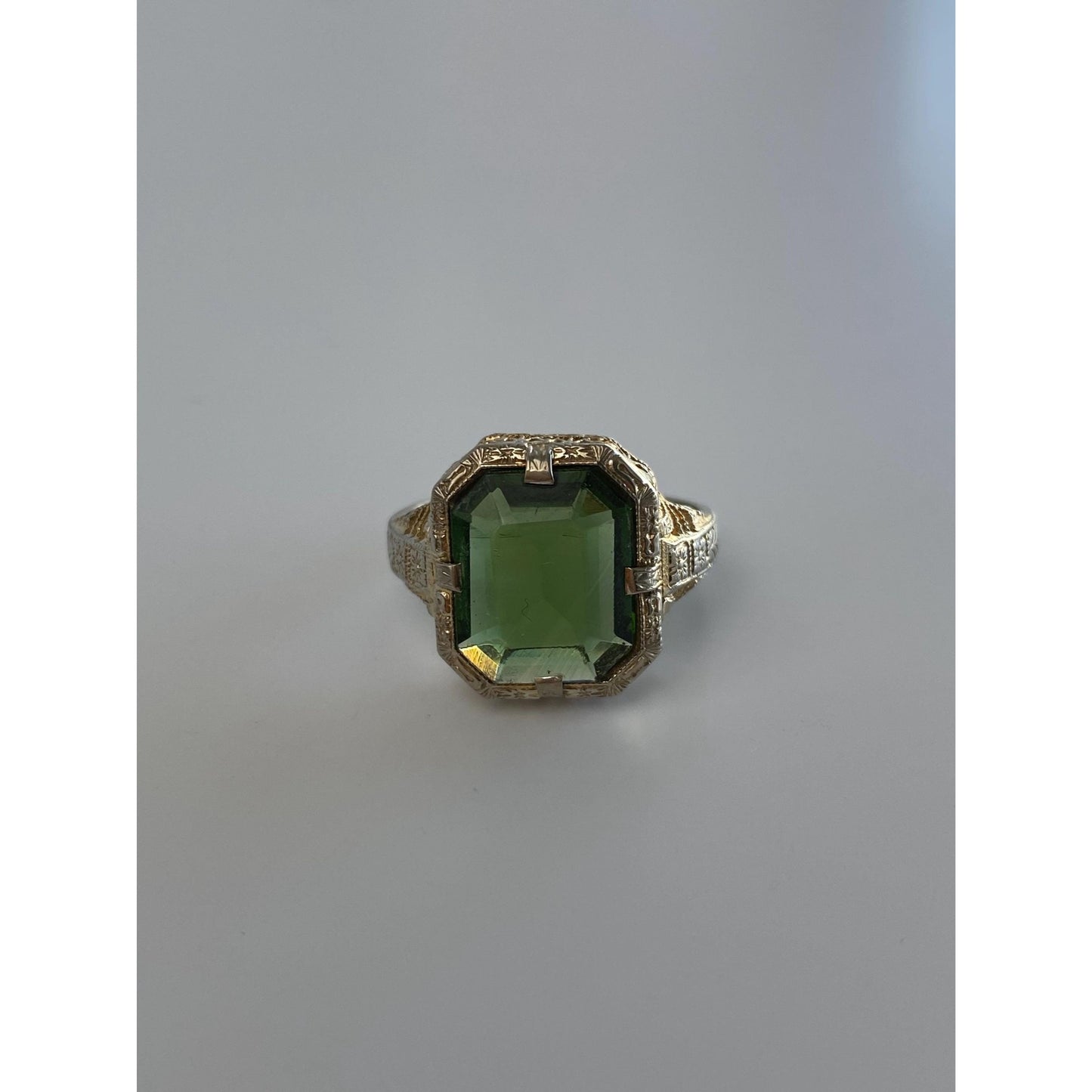 Vintage Solid 14k White & Yellow Gold Green Cubic Zirconia Art Deco Ring - Size 5
