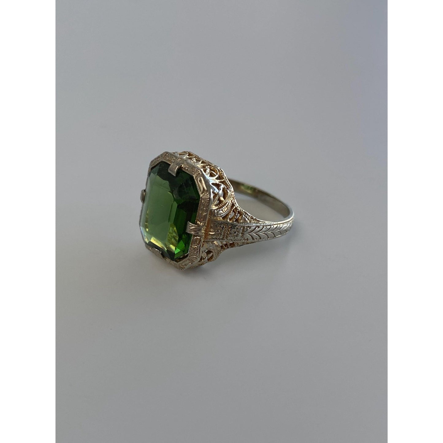 Vintage Solid 14k White & Yellow Gold Green Cubic Zirconia Art Deco Ring - Size 5