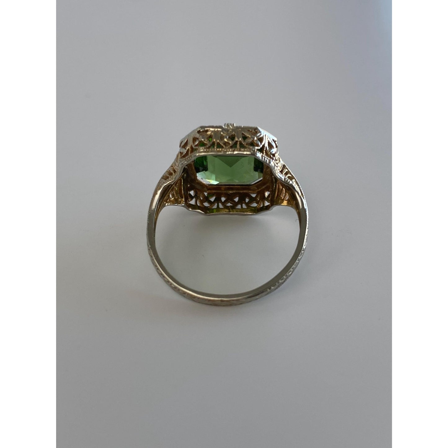 Vintage Solid 14k White & Yellow Gold Green Cubic Zirconia Art Deco Ring - Size 5