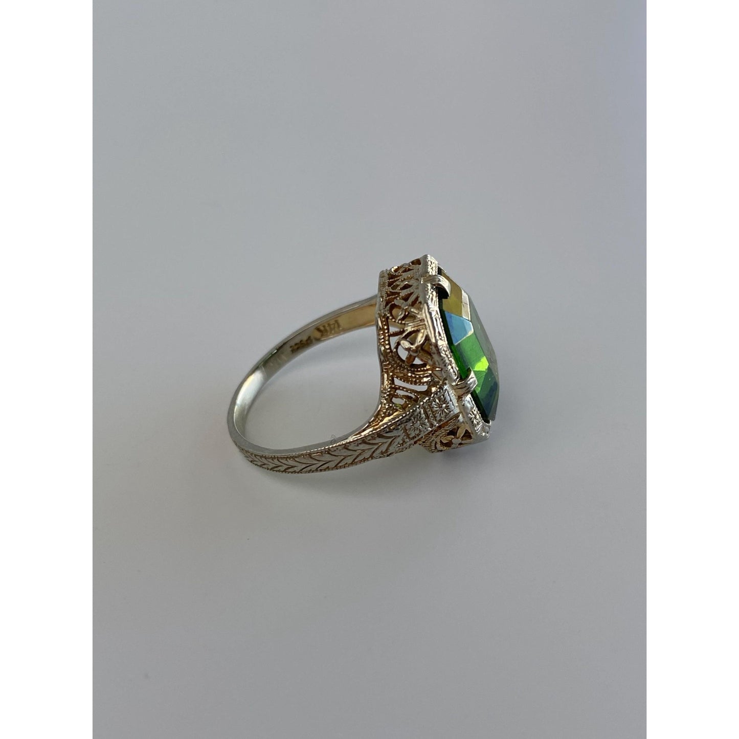 Vintage Solid 14k White & Yellow Gold Green Cubic Zirconia Art Deco Ring - Size 5