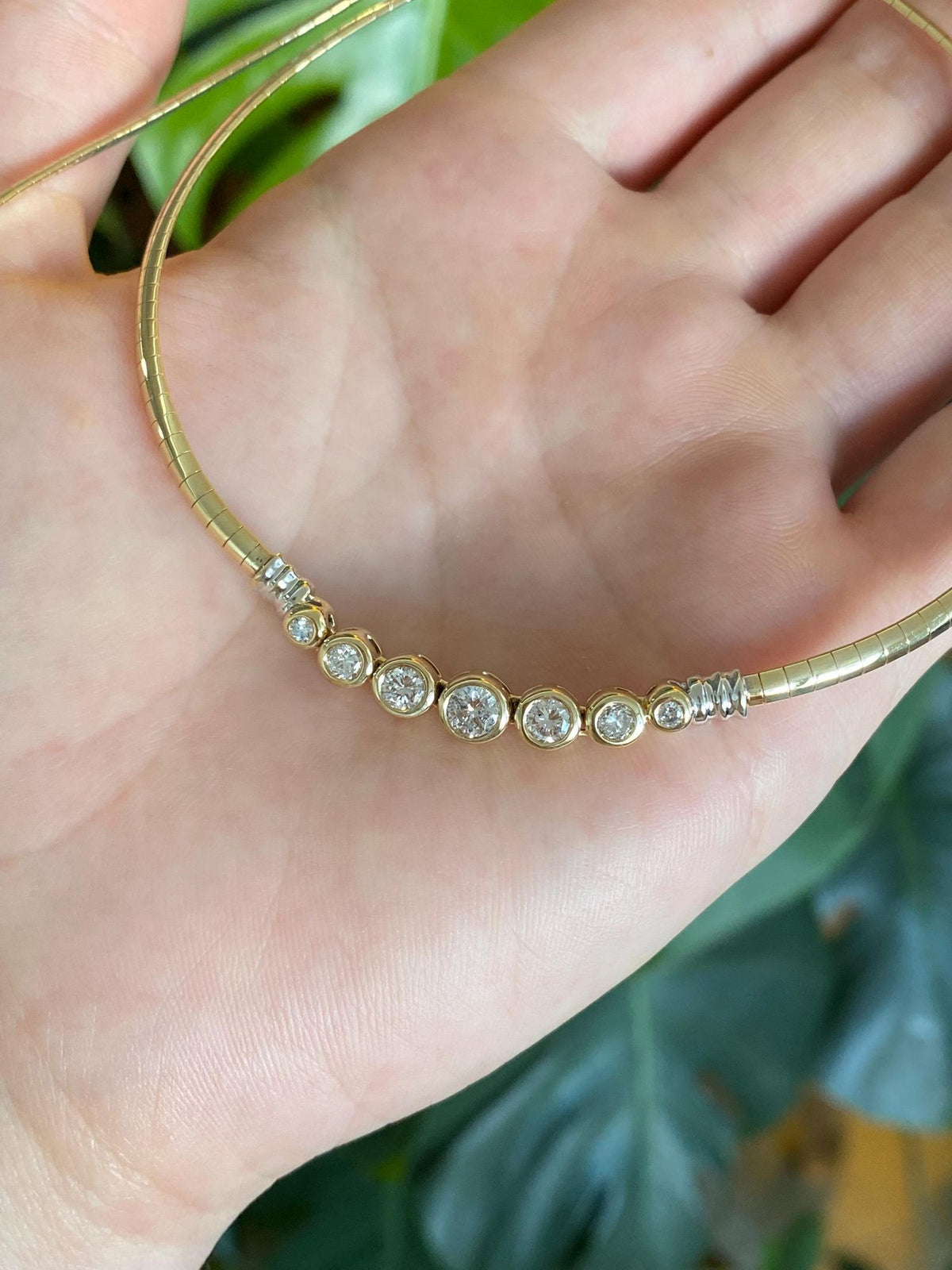 Vintage Solid 14k White & Yellow Gold Diamonds Omega Chain Necklace - 17.75 inches