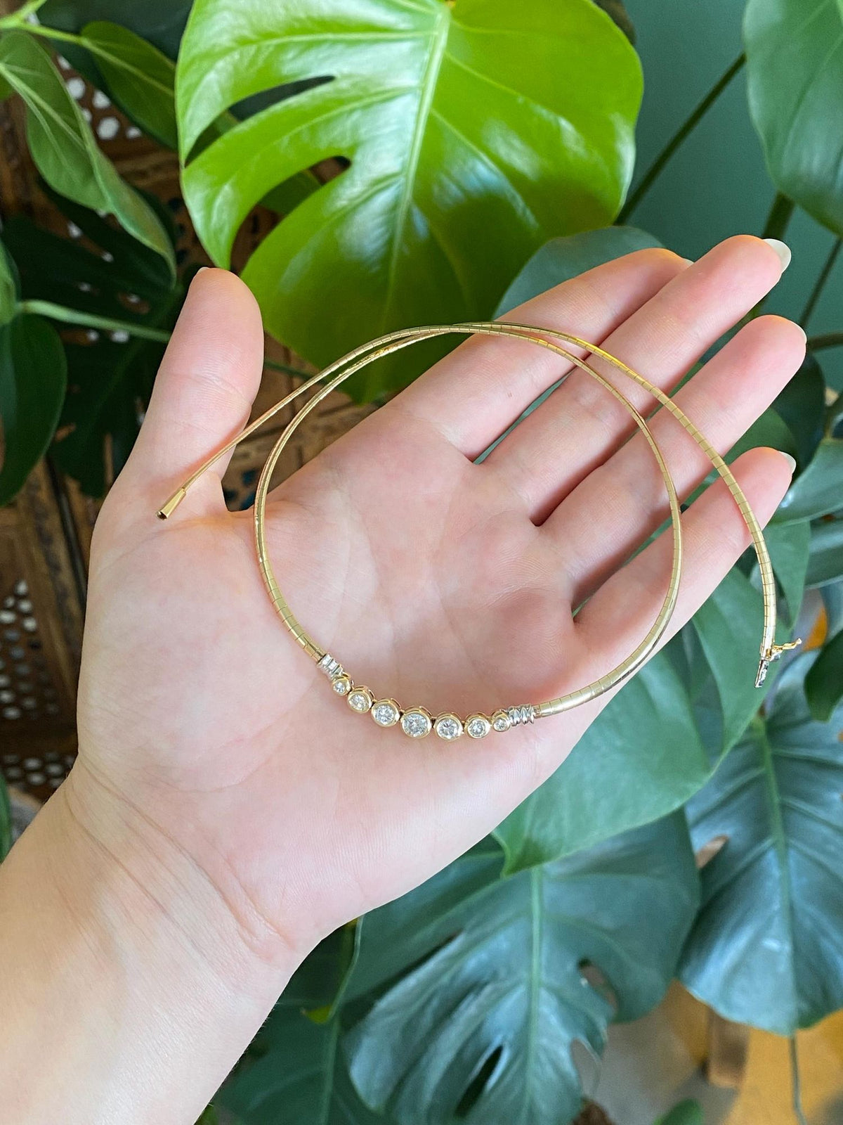 Vintage Solid 14k White & Yellow Gold Diamonds Omega Chain Necklace - 17.75 inches