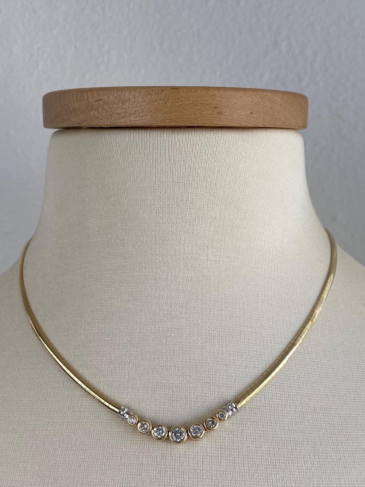 Vintage Solid 14k White & Yellow Gold Diamonds Omega Chain Necklace - 17.75 inches