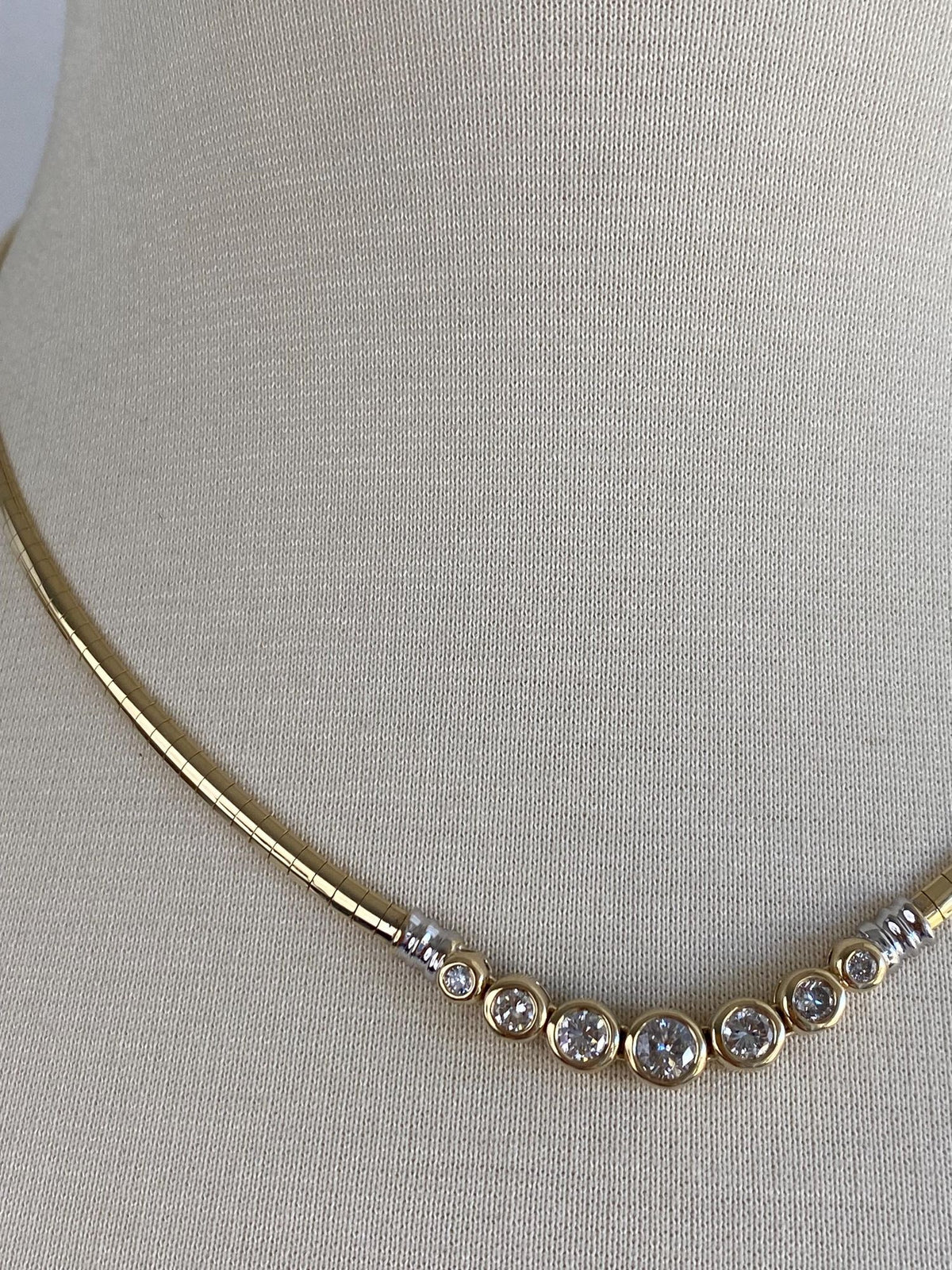 Vintage Solid 14k White & Yellow Gold Diamonds Omega Chain Necklace - 17.75 inches