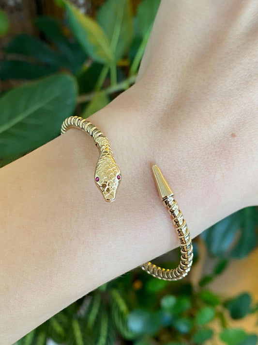 Vintage Solid 14k Yellow Gold Pink Sapphire Eyes Snake Bangle Bracelet - 7 Inches