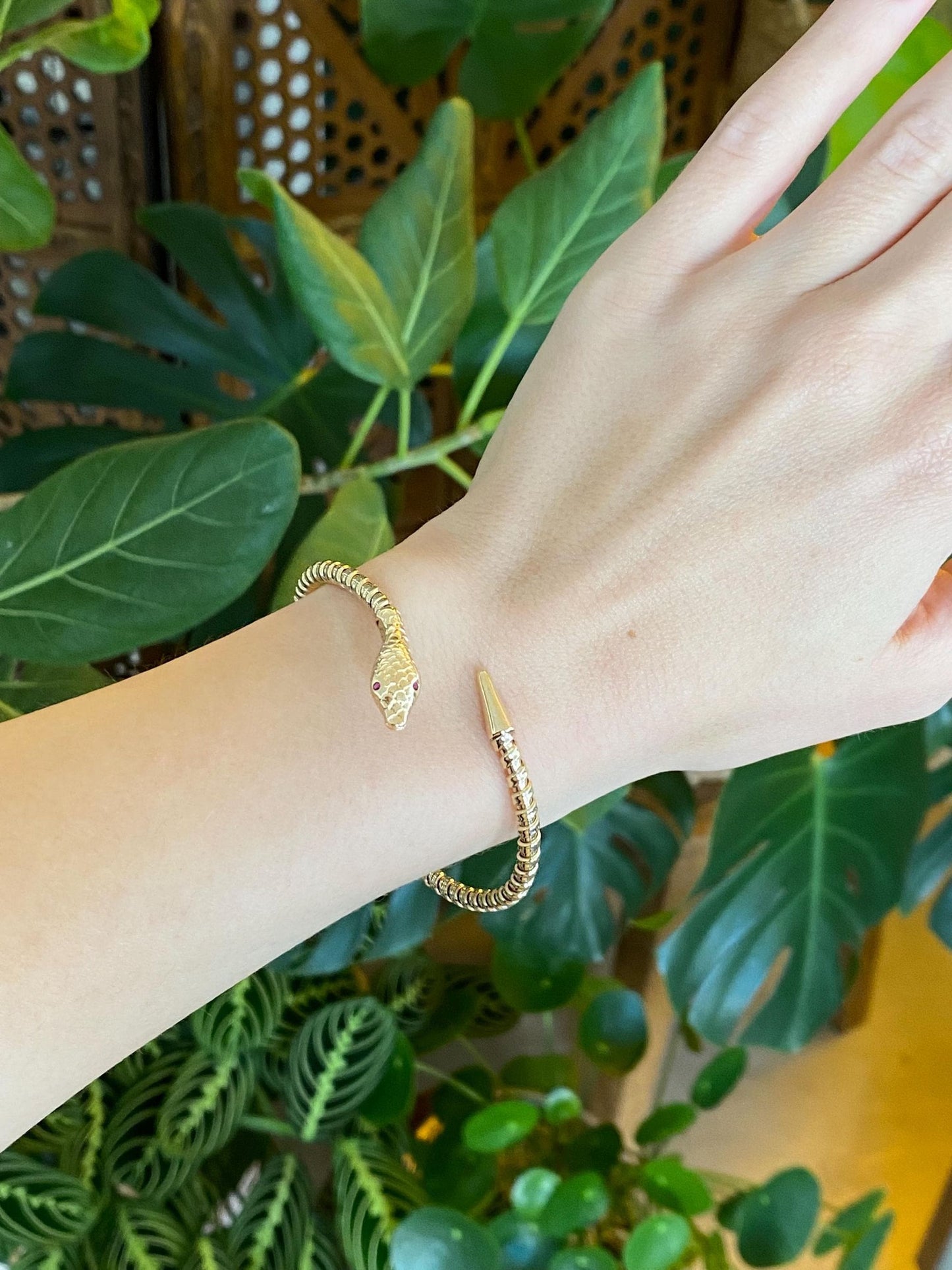 Vintage Solid 14k Yellow Gold Pink Sapphire Eyes Snake Bangle Bracelet - 7 Inches