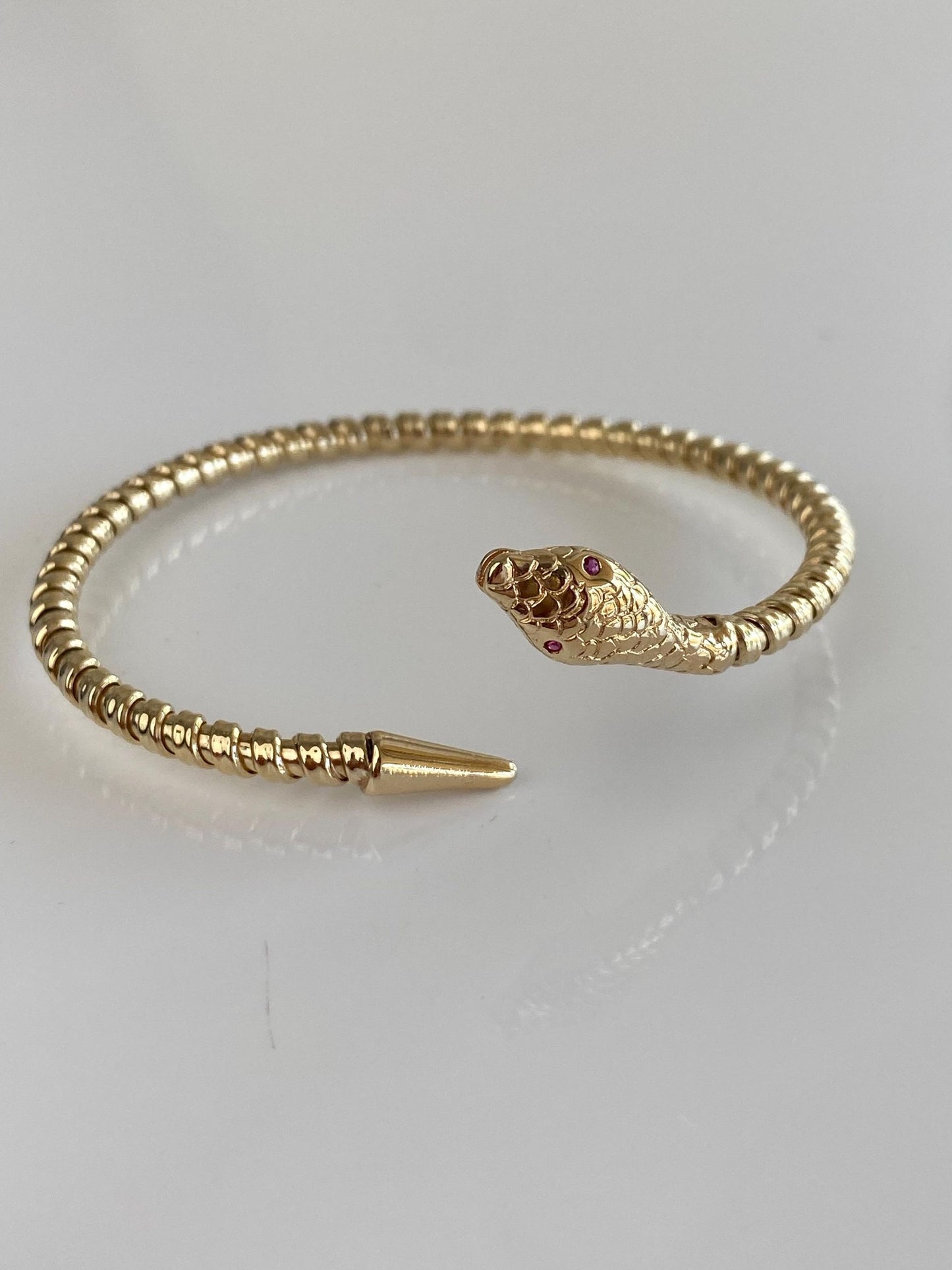Vintage Solid 14k Yellow Gold Pink Sapphire Eyes Snake Bangle Bracelet - 7 Inches