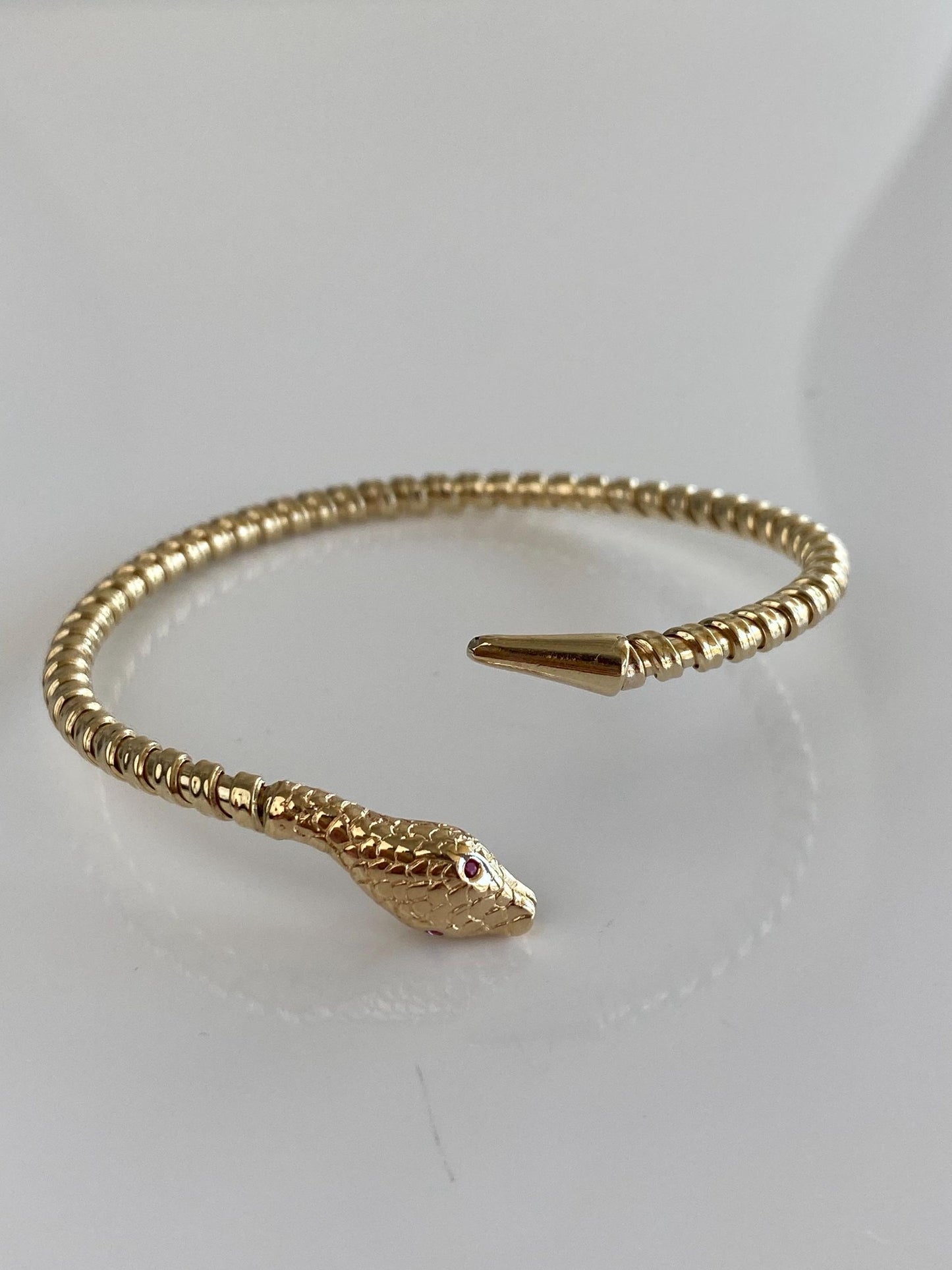 Vintage Solid 14k Yellow Gold Pink Sapphire Eyes Snake Bangle Bracelet - 7 Inches