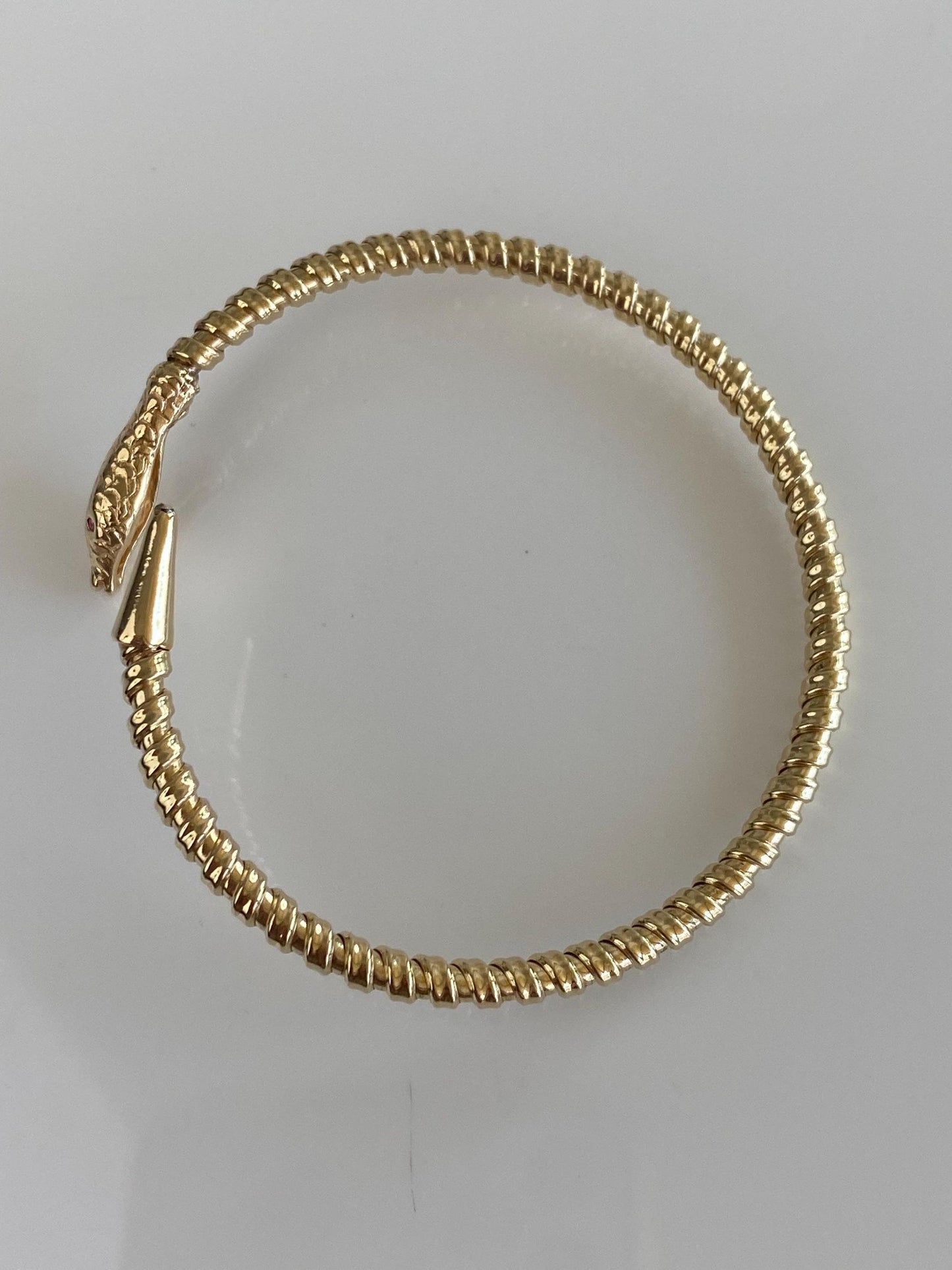 Vintage Solid 14k Yellow Gold Pink Sapphire Eyes Snake Bangle Bracelet - 7 Inches