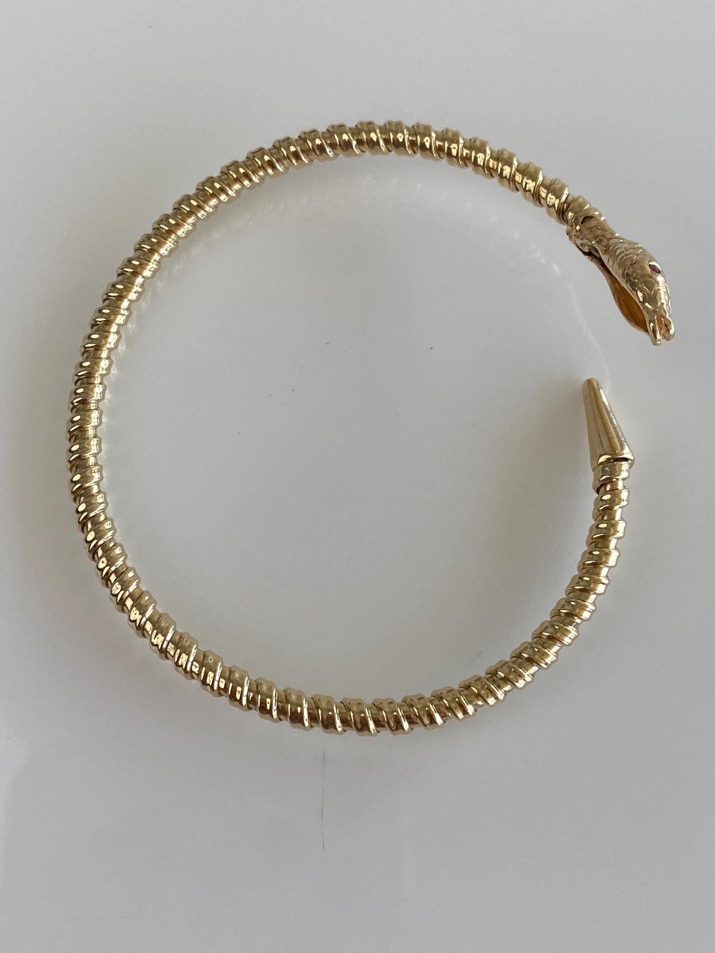 Vintage Solid 14k Yellow Gold Pink Sapphire Eyes Snake Bangle Bracelet - 7 Inches