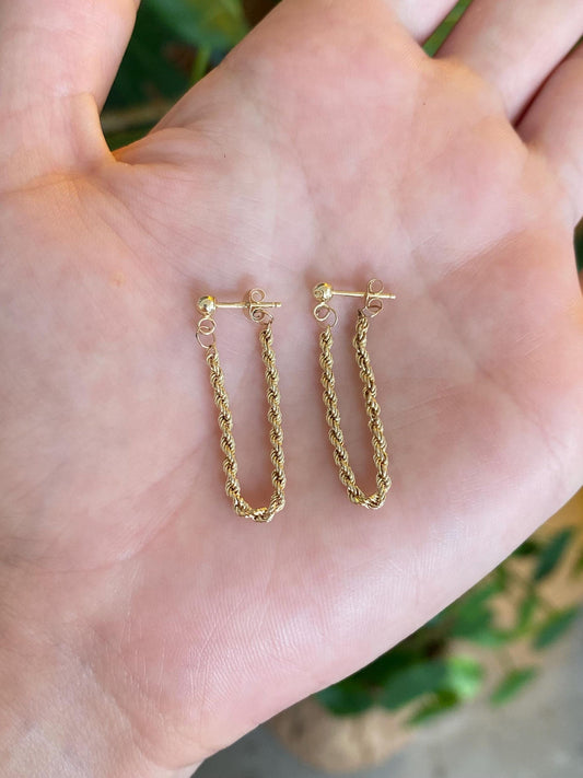 Vintage 14k Yellow Gold Connected Rope Chain Stud Earrings