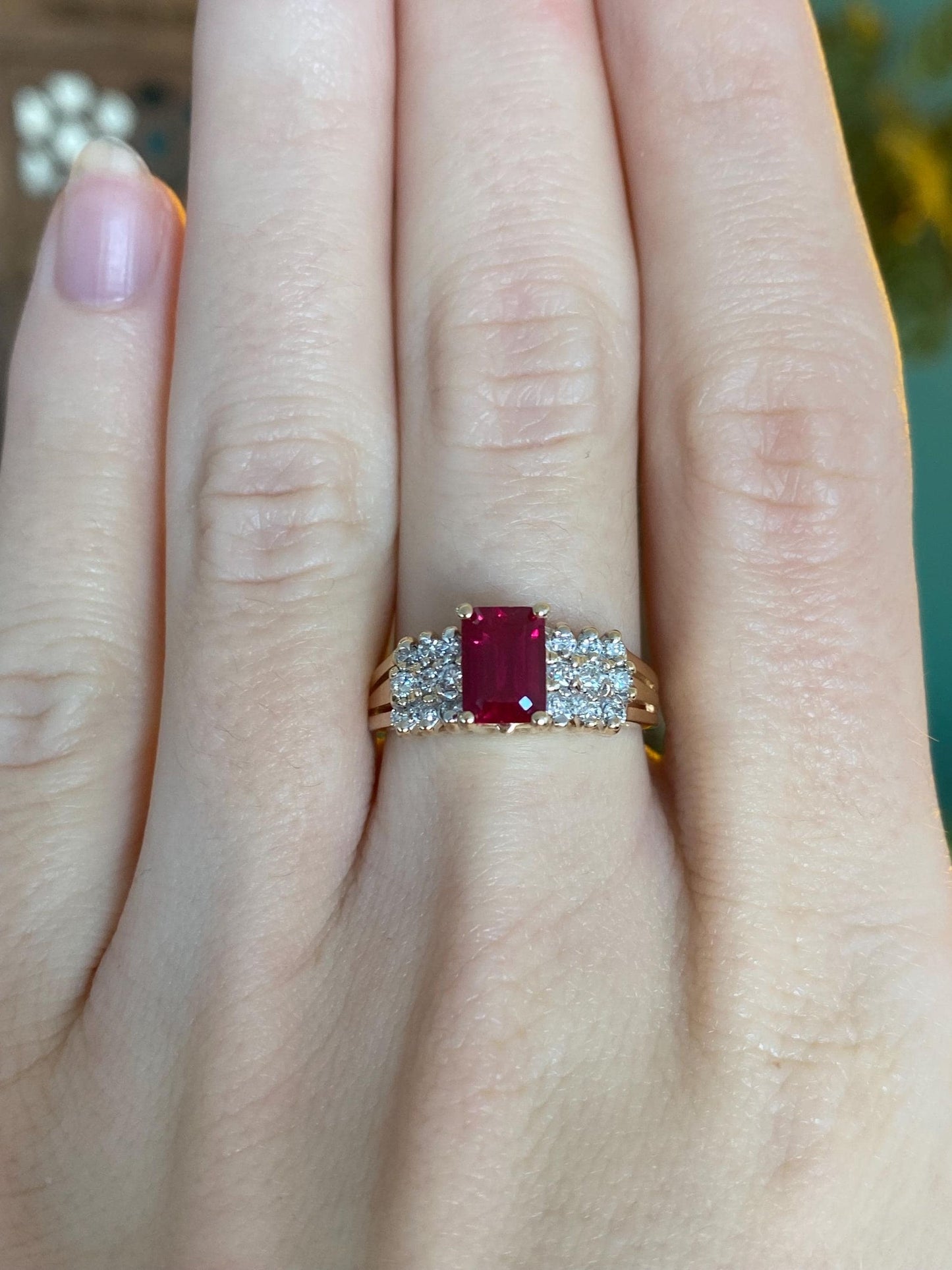 Vintage Solid 14k Yellow Gold Diamond Pink Sapphire Ring - Size 6.75