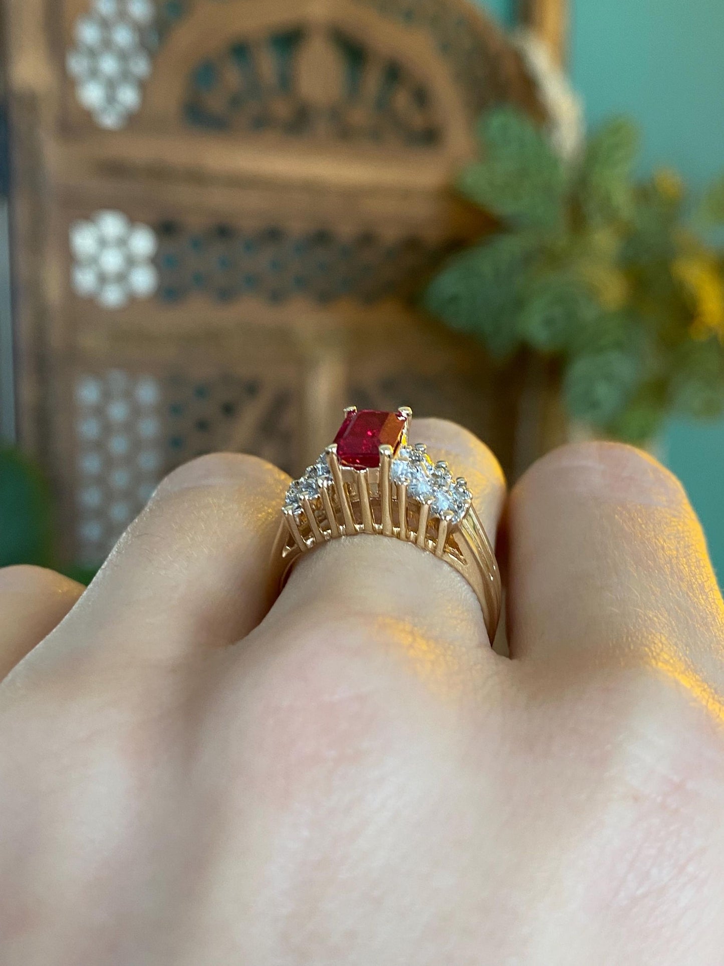 Vintage Solid 14k Yellow Gold Diamond Pink Sapphire Ring - Size 6.75