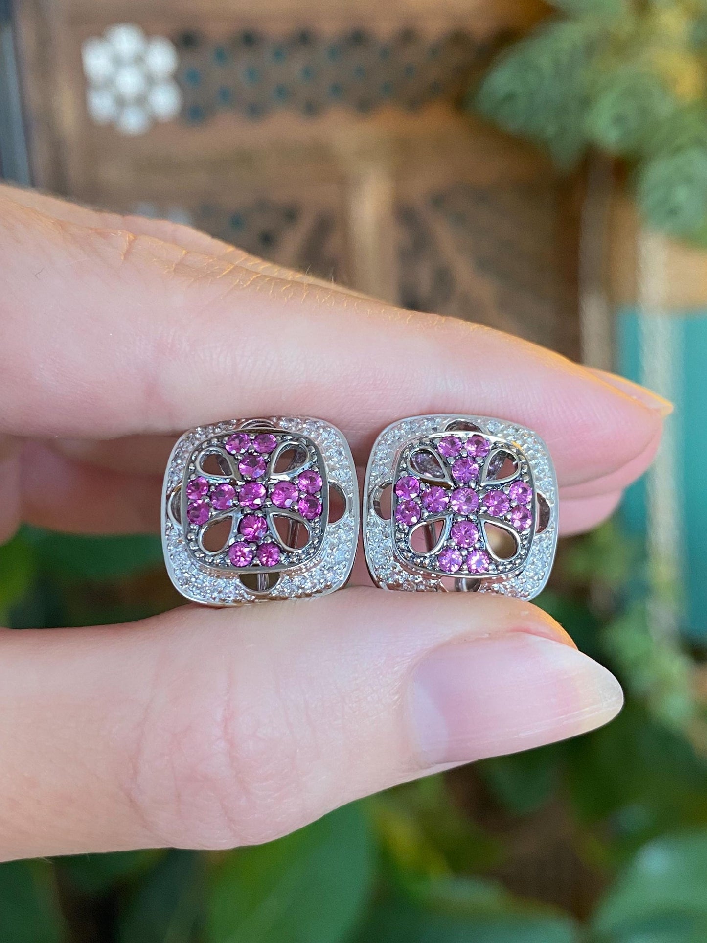 Vintage Solid 18k White Gold Diamond Halo Pink Sapphire Stud Earrings