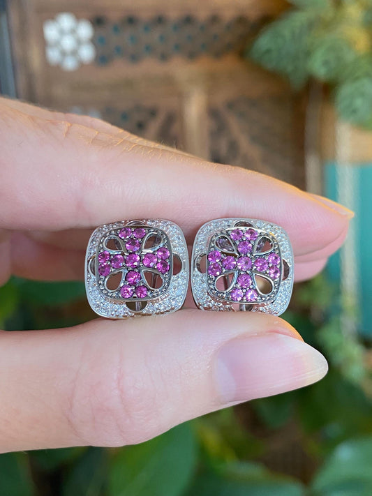 Vintage Solid 18k White Gold Diamond Halo Pink Sapphire Stud Earrings