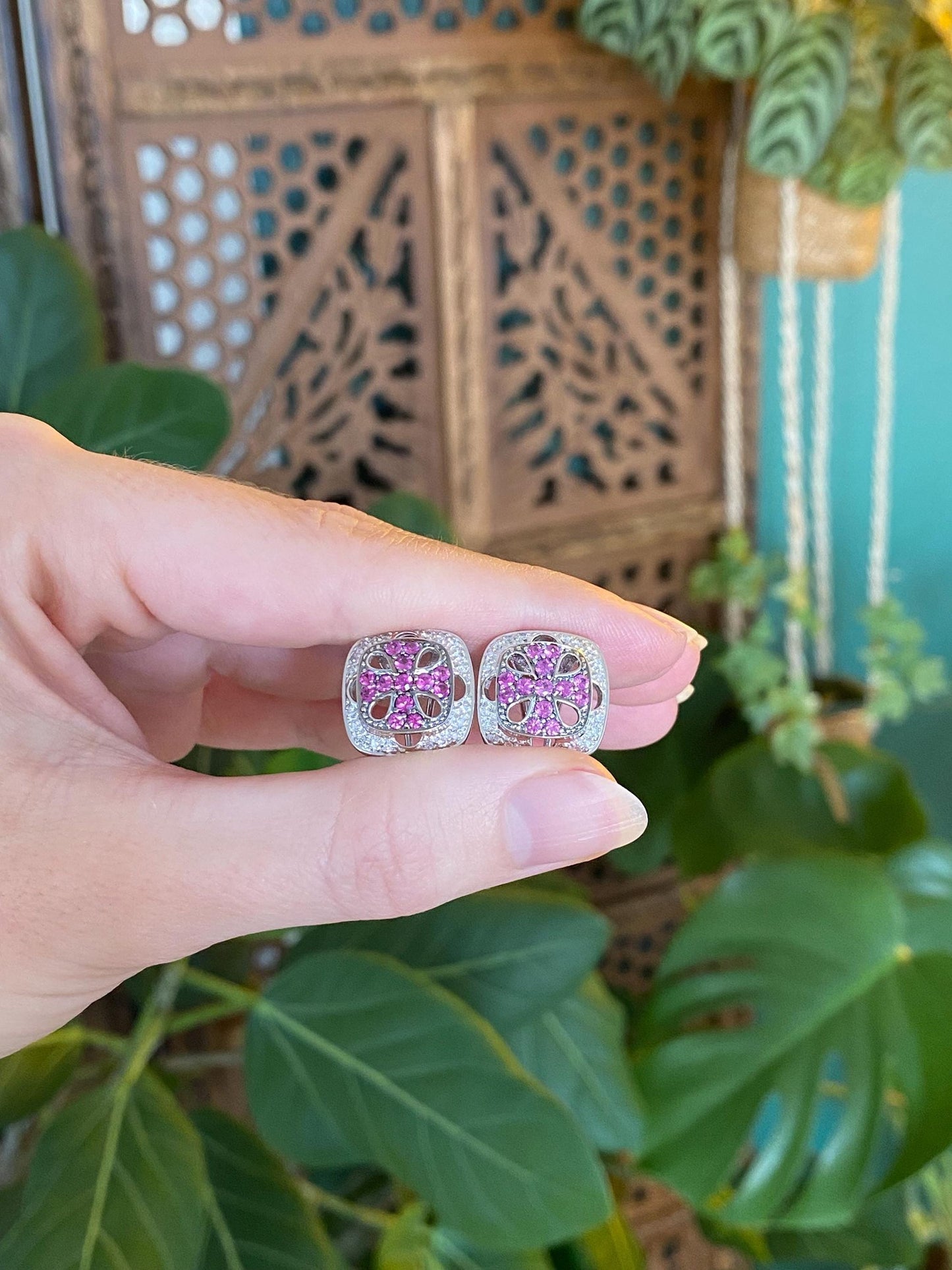 Vintage Solid 18k White Gold Diamond Halo Pink Sapphire Stud Earrings