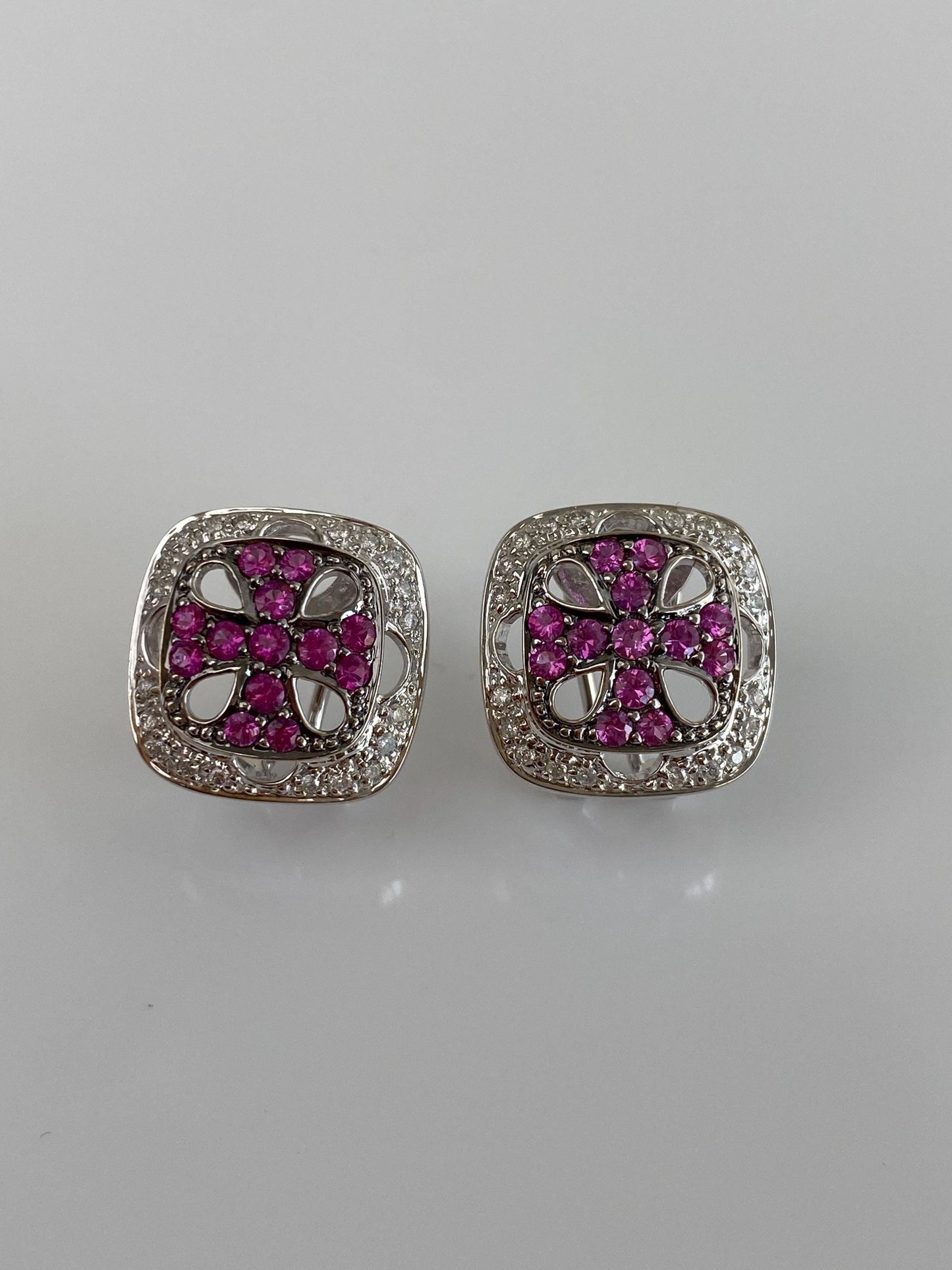 Vintage Solid 18k White Gold Diamond Halo Pink Sapphire Stud Earrings