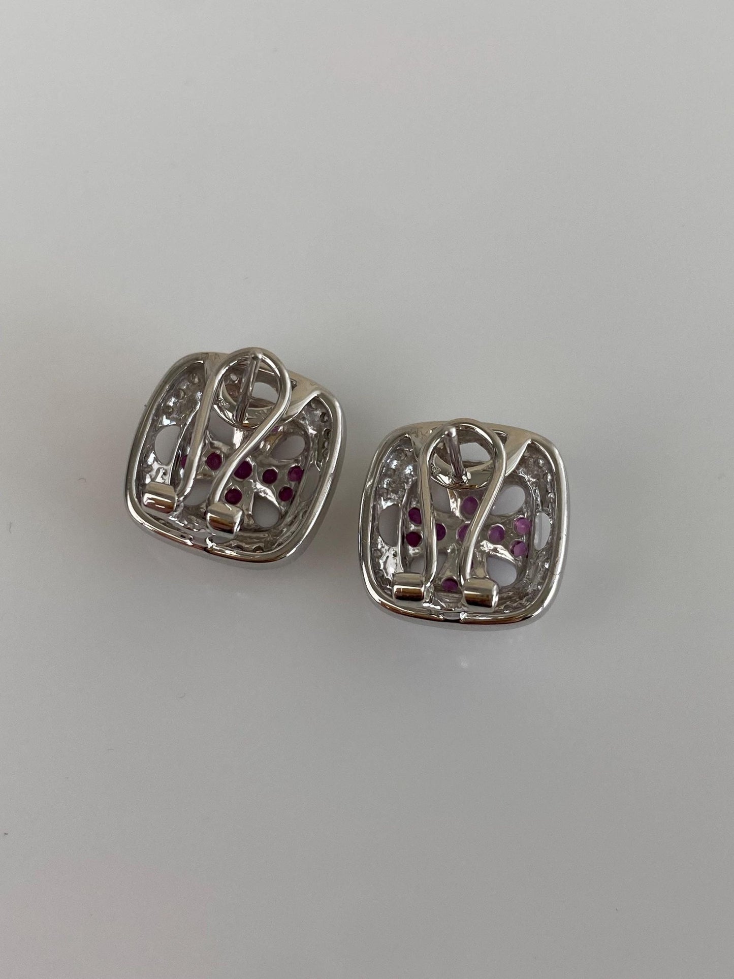 Vintage Solid 18k White Gold Diamond Halo Pink Sapphire Stud Earrings