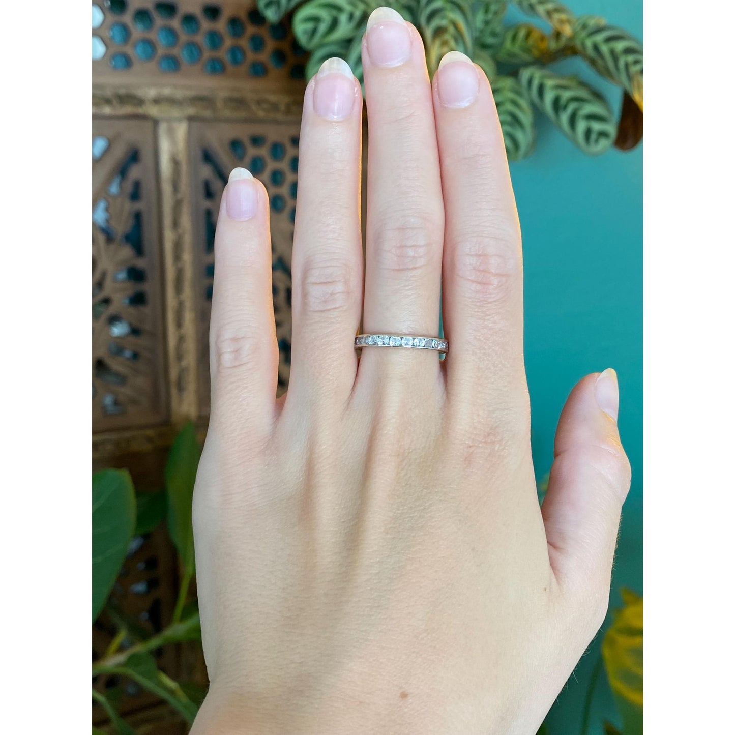 Solid 14k White Gold Cubic Zirconia Eternity Ring Band - Size 7