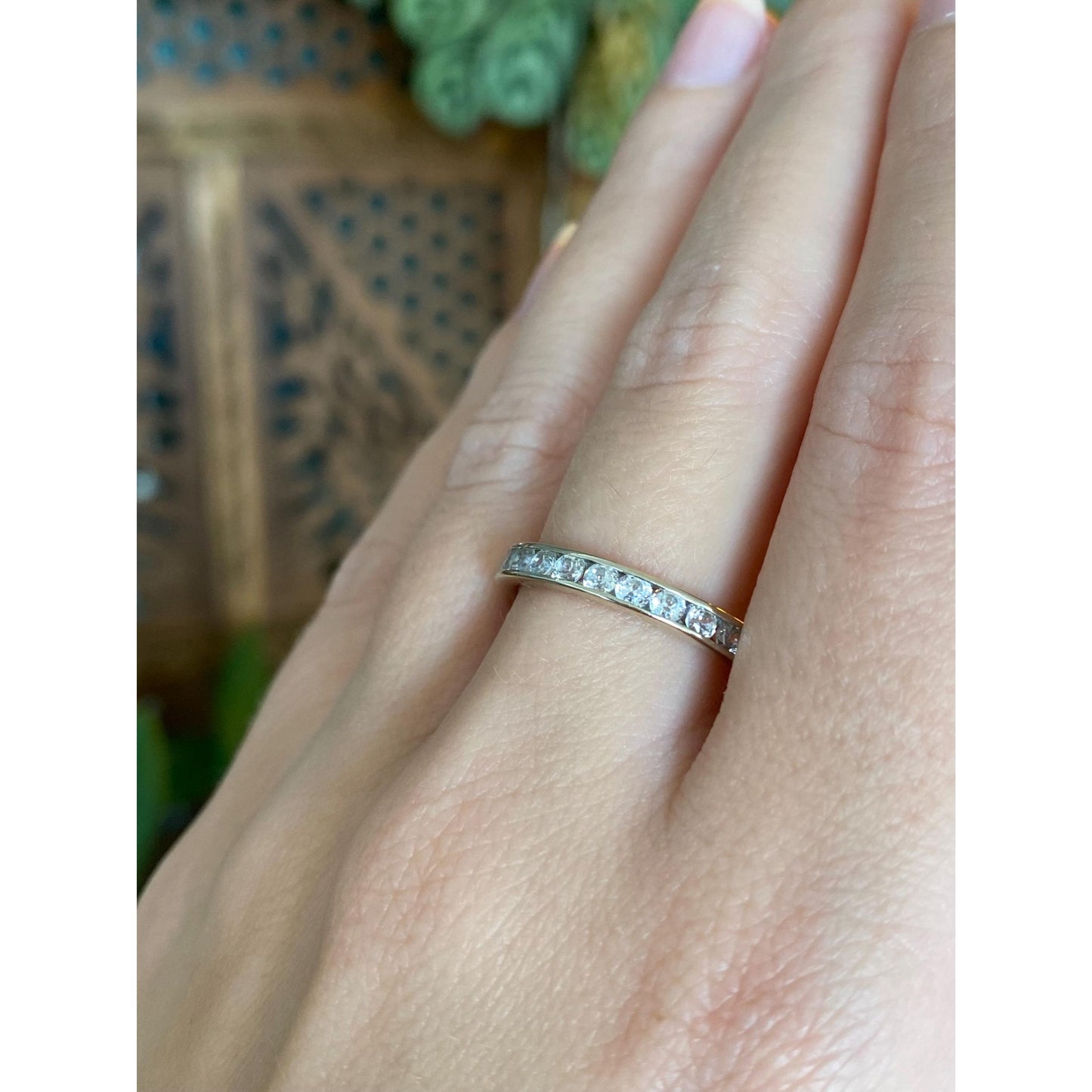 Solid 14k White Gold Cubic Zirconia Eternity Ring Band - Size 7