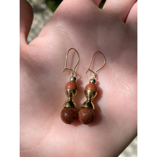 Vintage Solid 10k Yellow Gold Goldstone Dangle Earrings