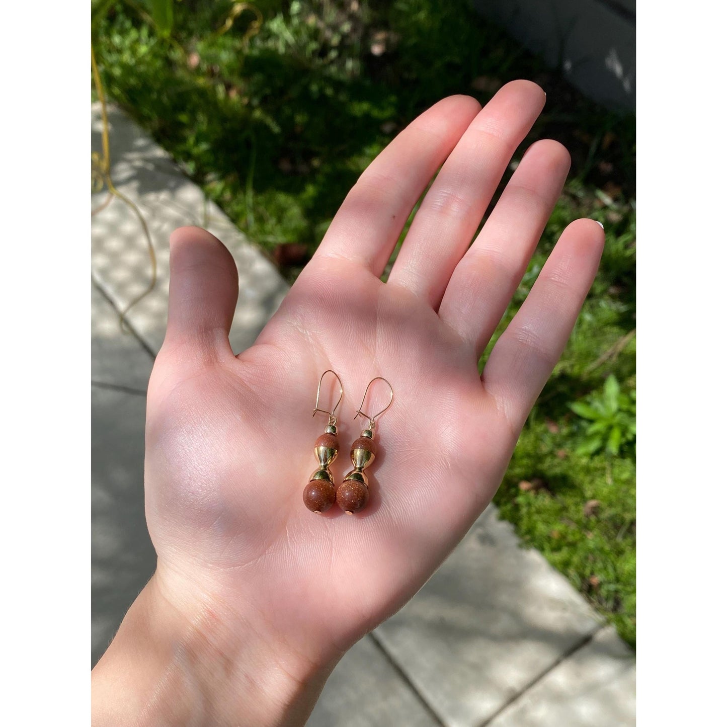 Vintage Solid 10k Yellow Gold Goldstone Dangle Earrings