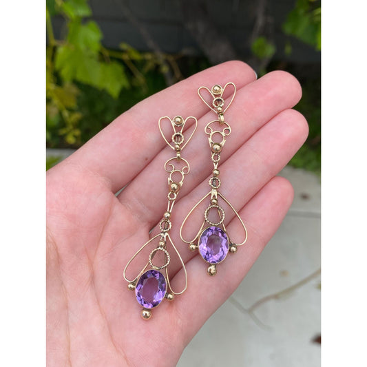 Vintage Solid 14k Yellow Gold Amethyst Long Ornate Dangle Stud Earrings