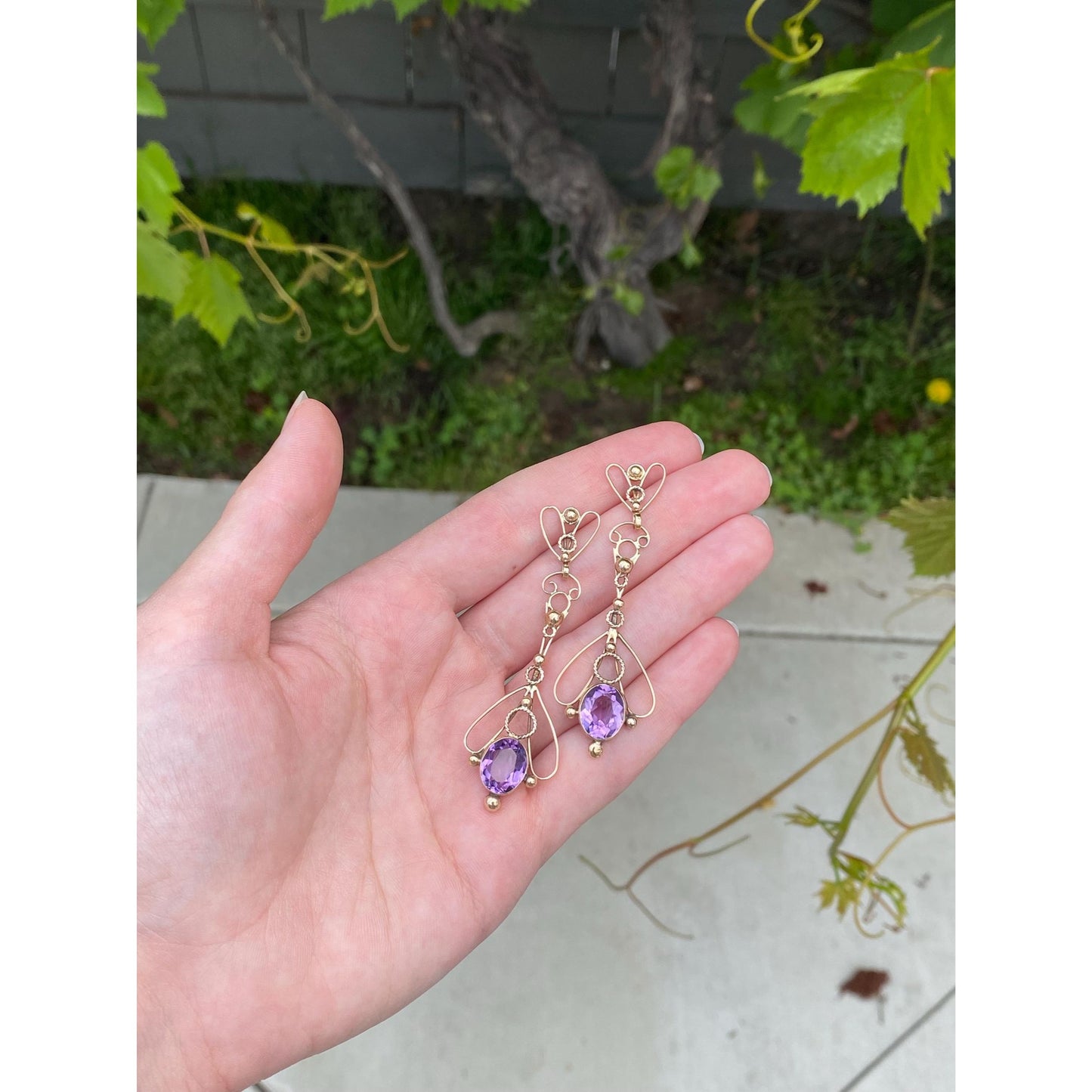 Vintage Solid 14k Yellow Gold Amethyst Long Ornate Dangle Stud Earrings