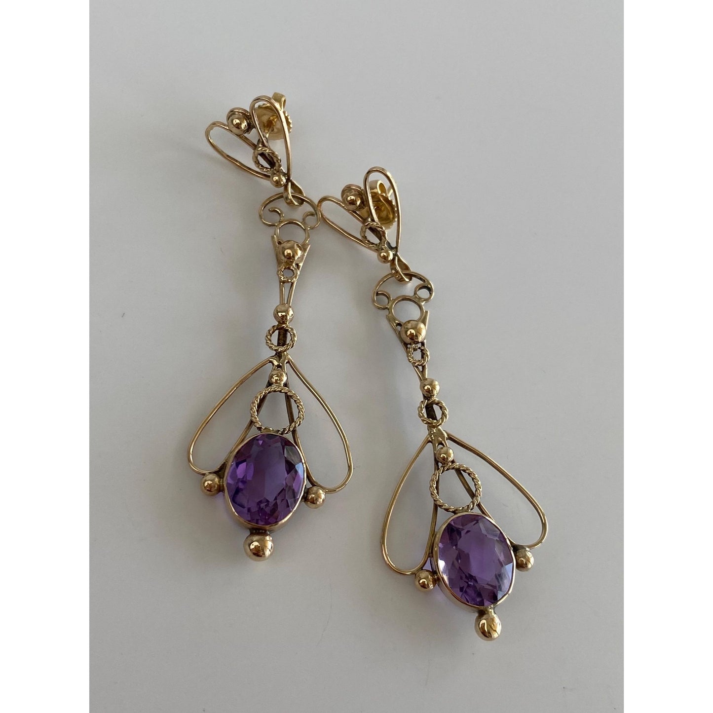 Vintage Solid 14k Yellow Gold Amethyst Long Ornate Dangle Stud Earrings