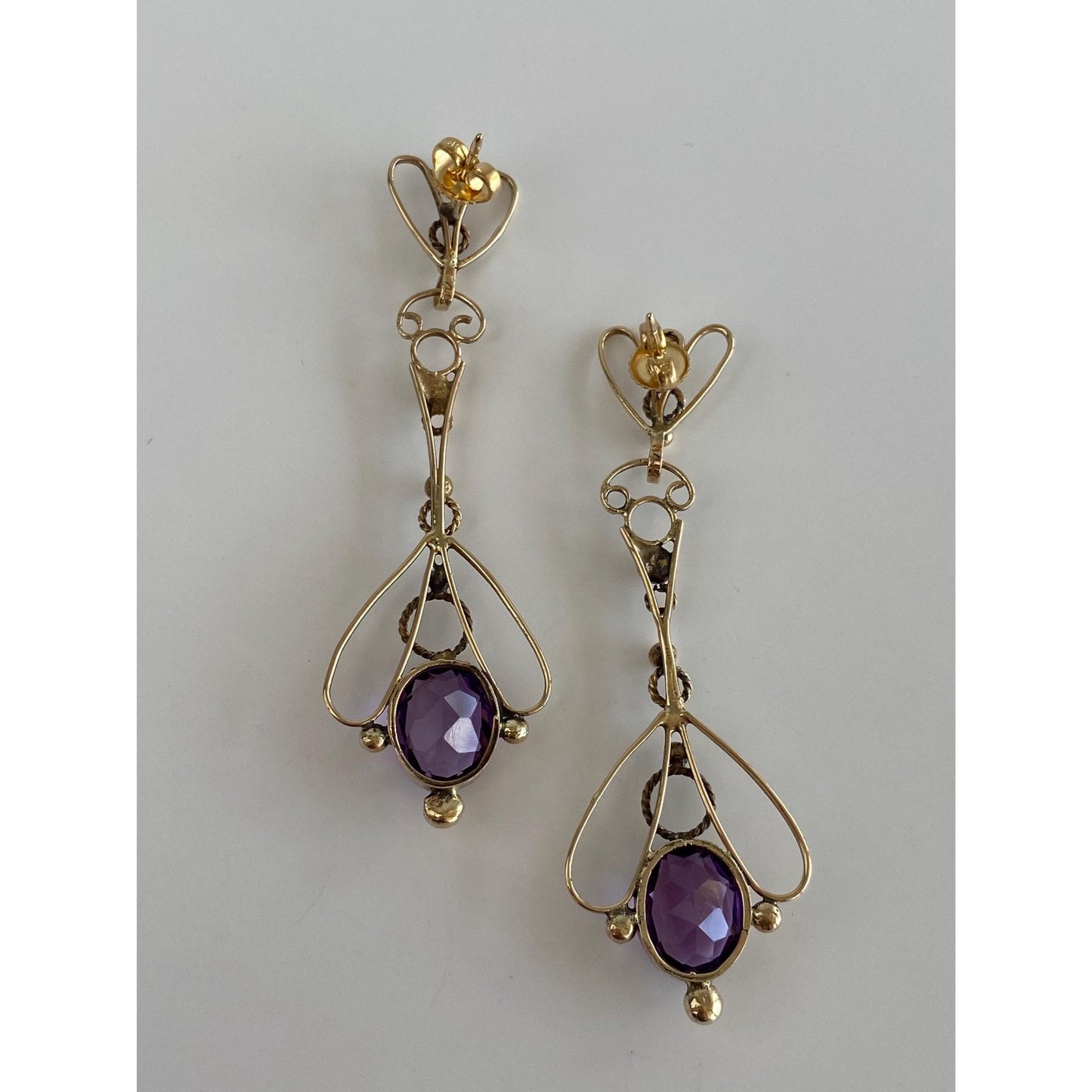 Vintage Solid 14k Yellow Gold Amethyst Long Ornate Dangle Stud Earrings