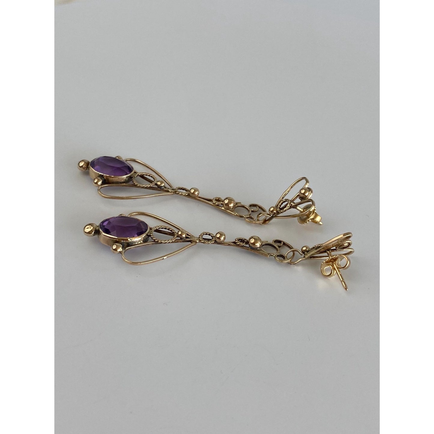 Vintage Solid 14k Yellow Gold Amethyst Long Ornate Dangle Stud Earrings