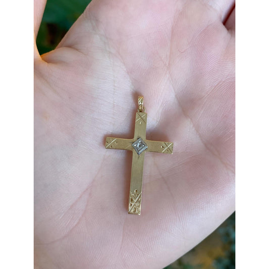 Vintage 14k White & Yellow Gold Diamond Cross Charm
