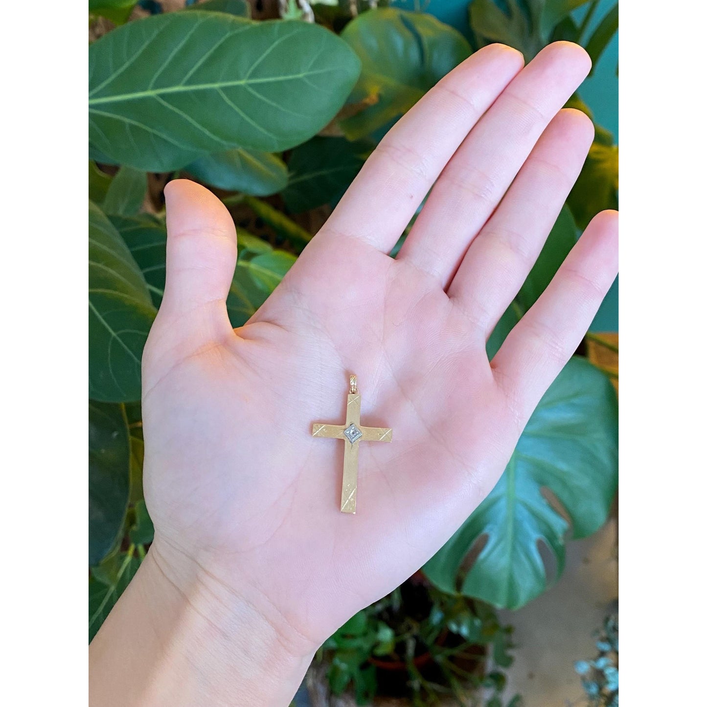 Vintage 14k White & Yellow Gold Diamond Cross Charm