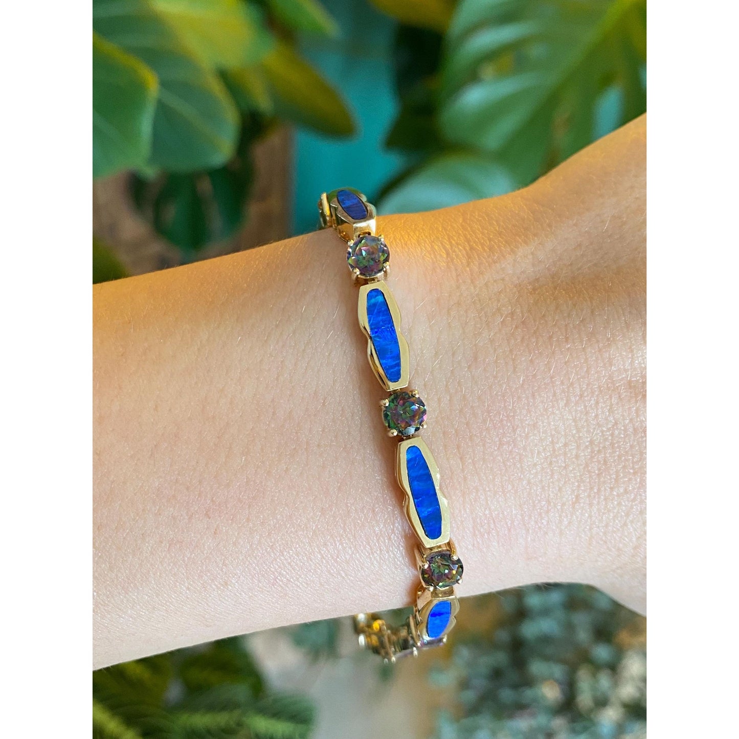 Vintage Solid 14k Yellow Gold Opal Inlay Mystic Topaz Link Bracelet - 8 inches