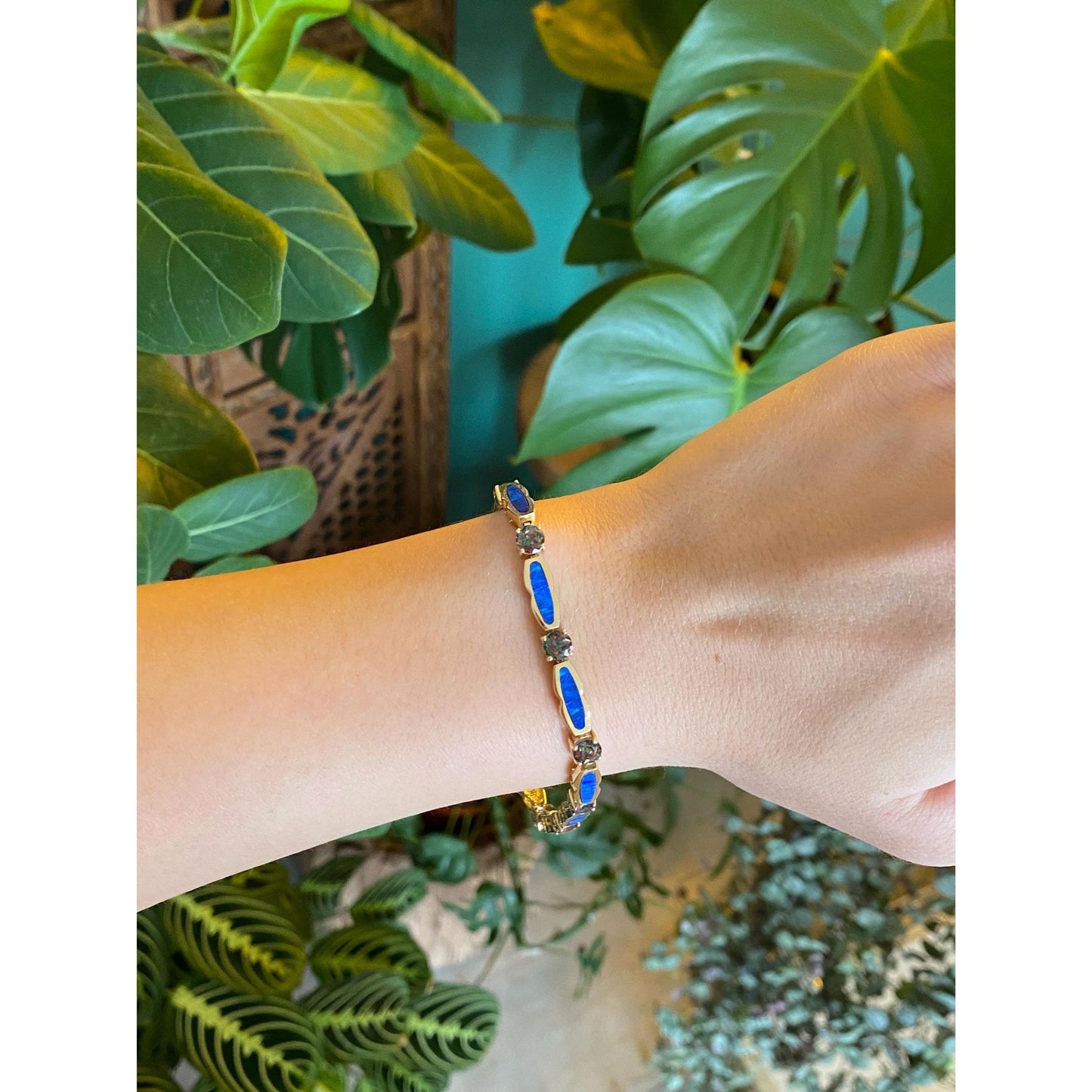 Vintage Solid 14k Yellow Gold Opal Inlay Mystic Topaz Link Bracelet - 8 inches