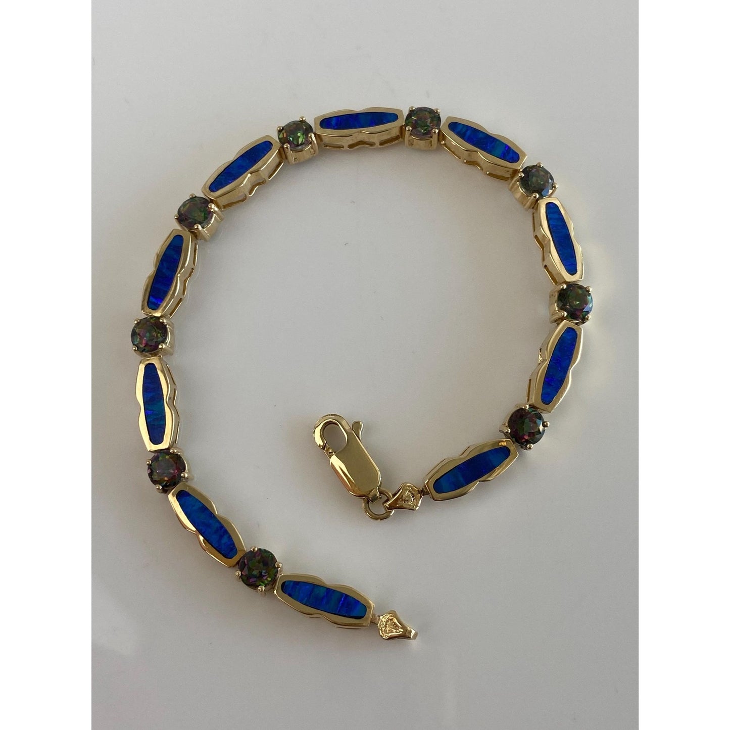 Vintage Solid 14k Yellow Gold Opal Inlay Mystic Topaz Link Bracelet - 8 inches