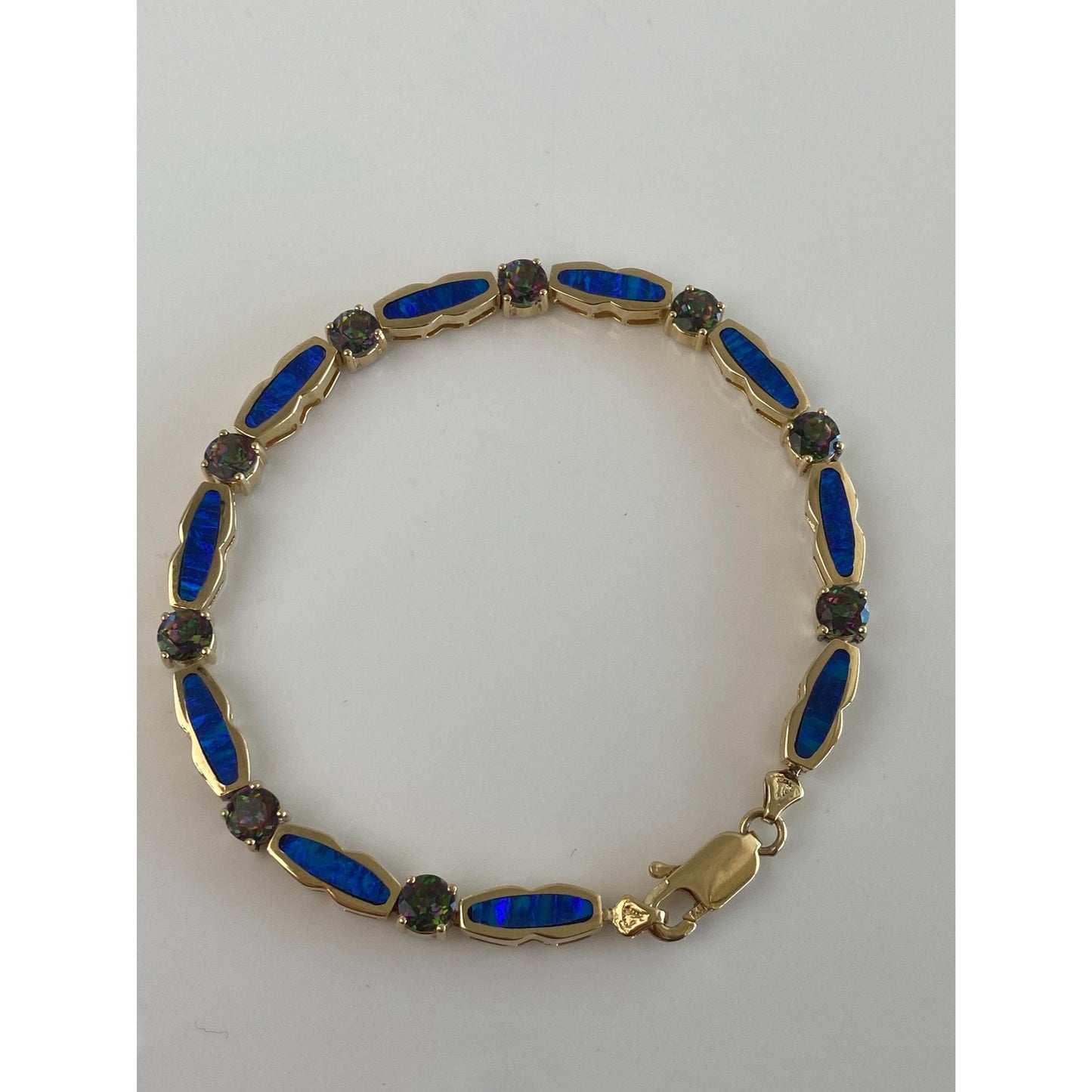 Vintage Solid 14k Yellow Gold Opal Inlay Mystic Topaz Link Bracelet - 8 inches
