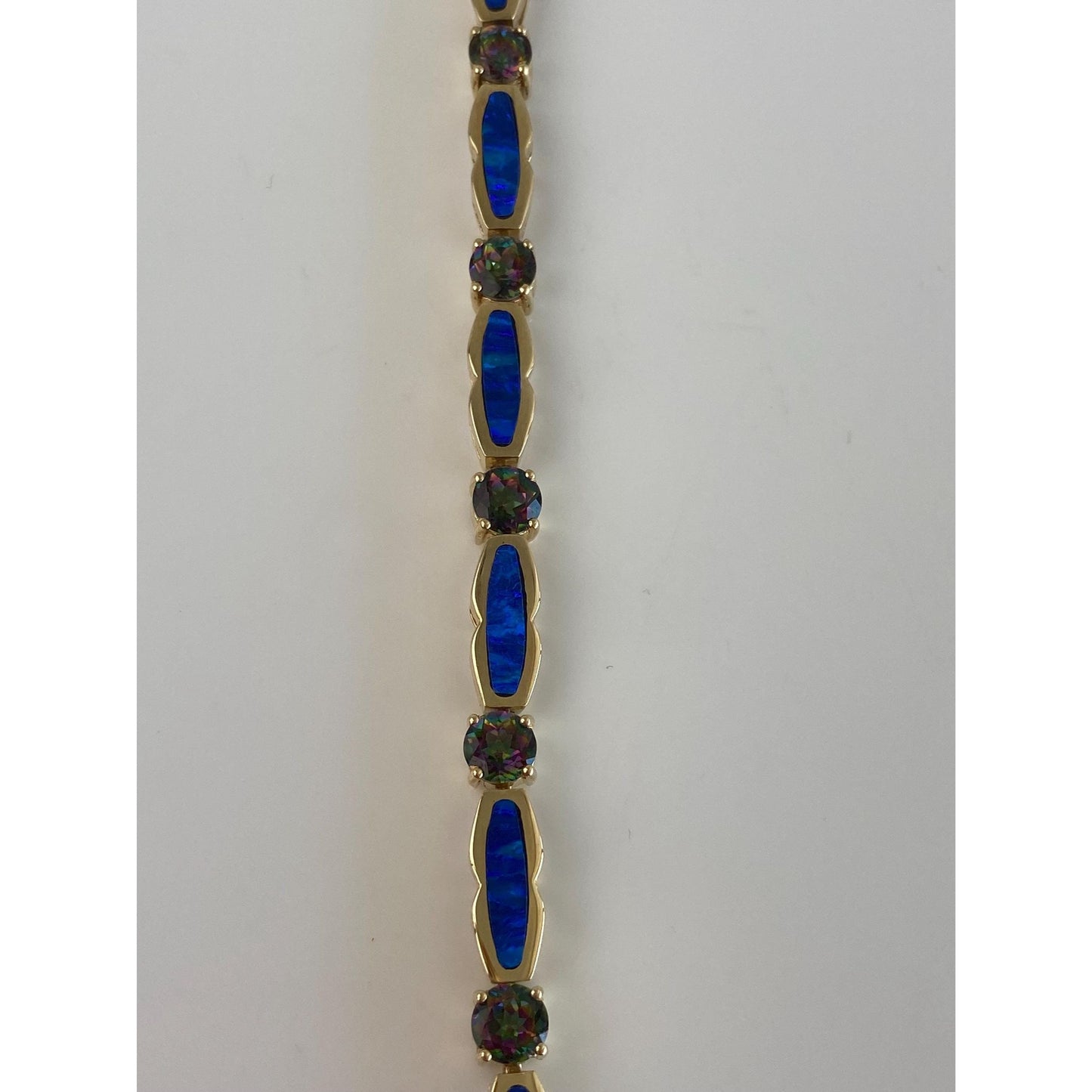 Vintage Solid 14k Yellow Gold Opal Inlay Mystic Topaz Link Bracelet - 8 inches