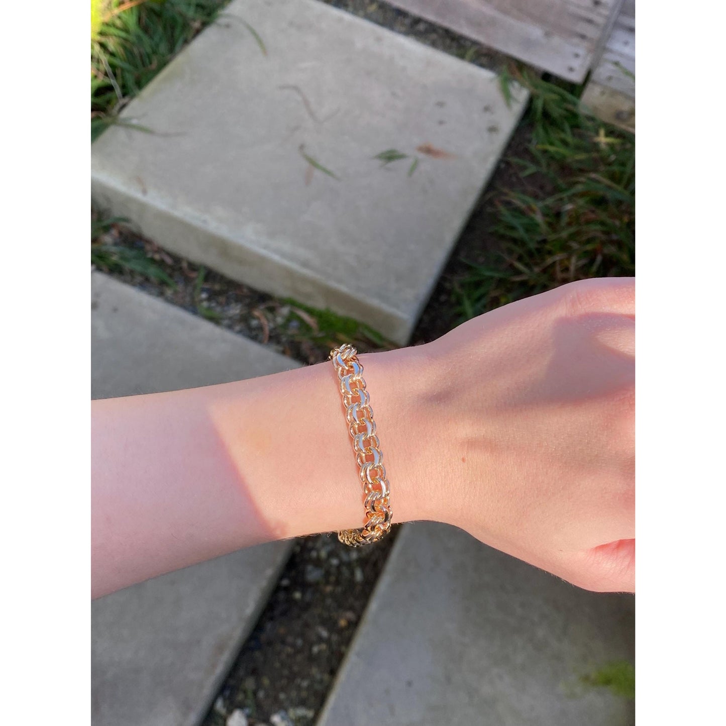 Vintage Solid 14k Yellow Gold Double Link Charm Bracelet - 7.5 inches