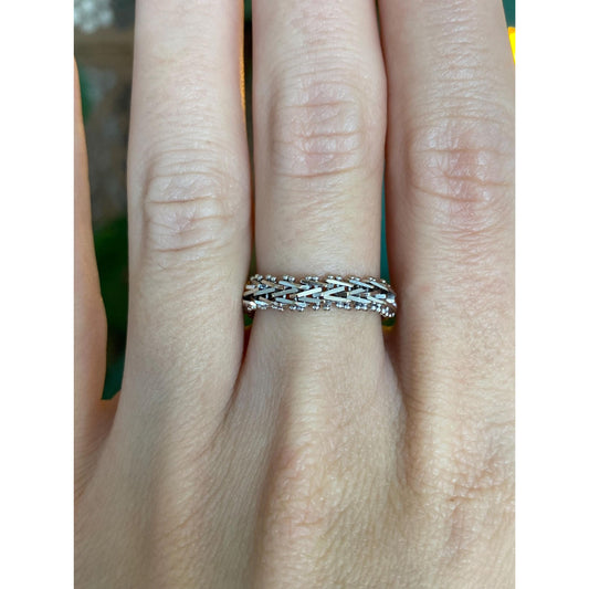 Vintage Solid 14k White Gold Mesh Chain Ring Band - Size 7.5