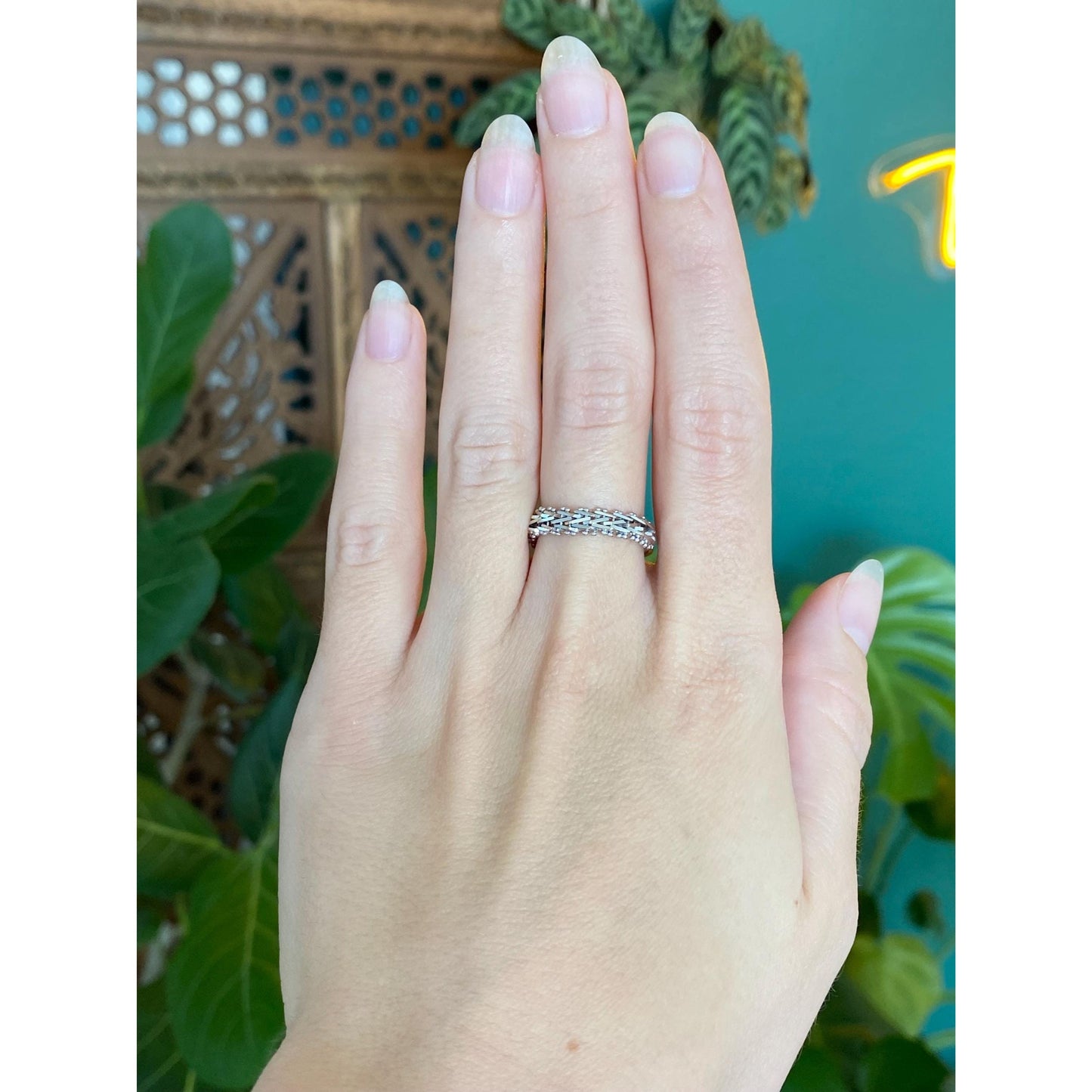 Vintage Solid 14k White Gold Mesh Chain Ring Band - Size 7.5