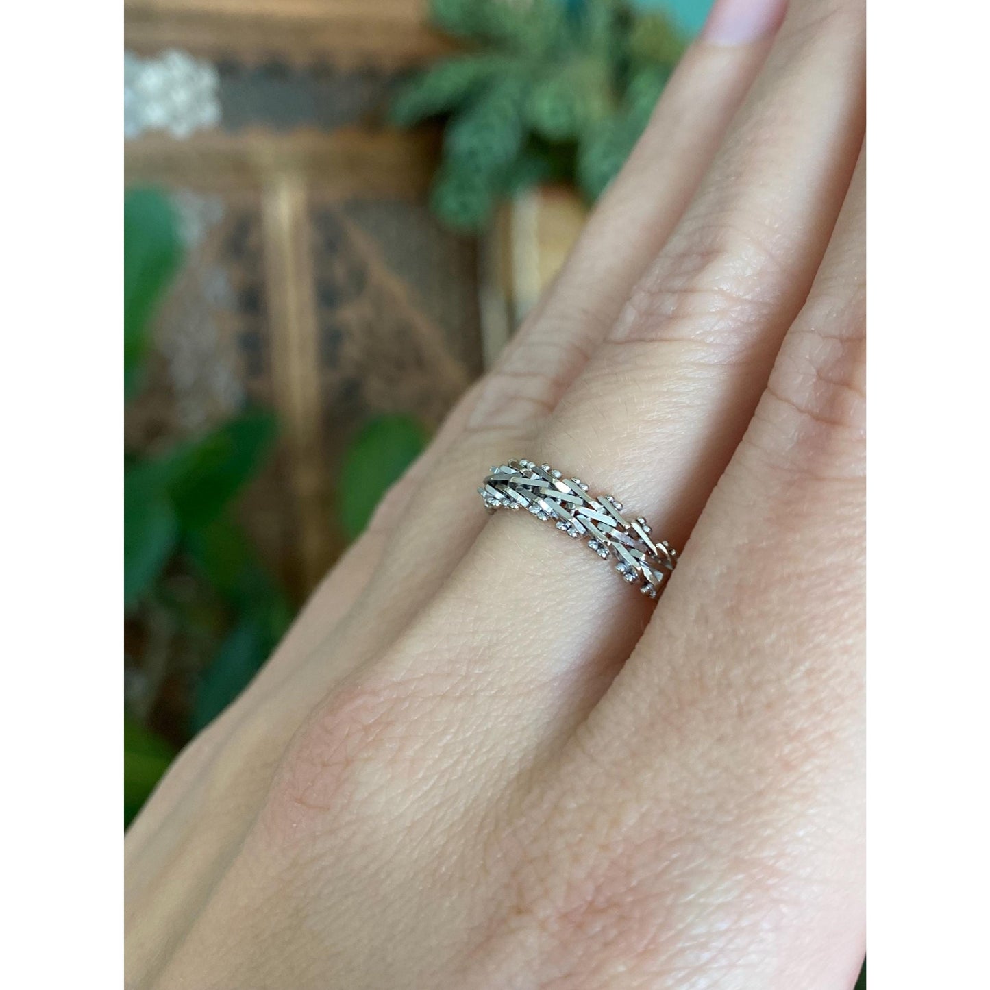 Vintage Solid 14k White Gold Mesh Chain Ring Band - Size 7.5