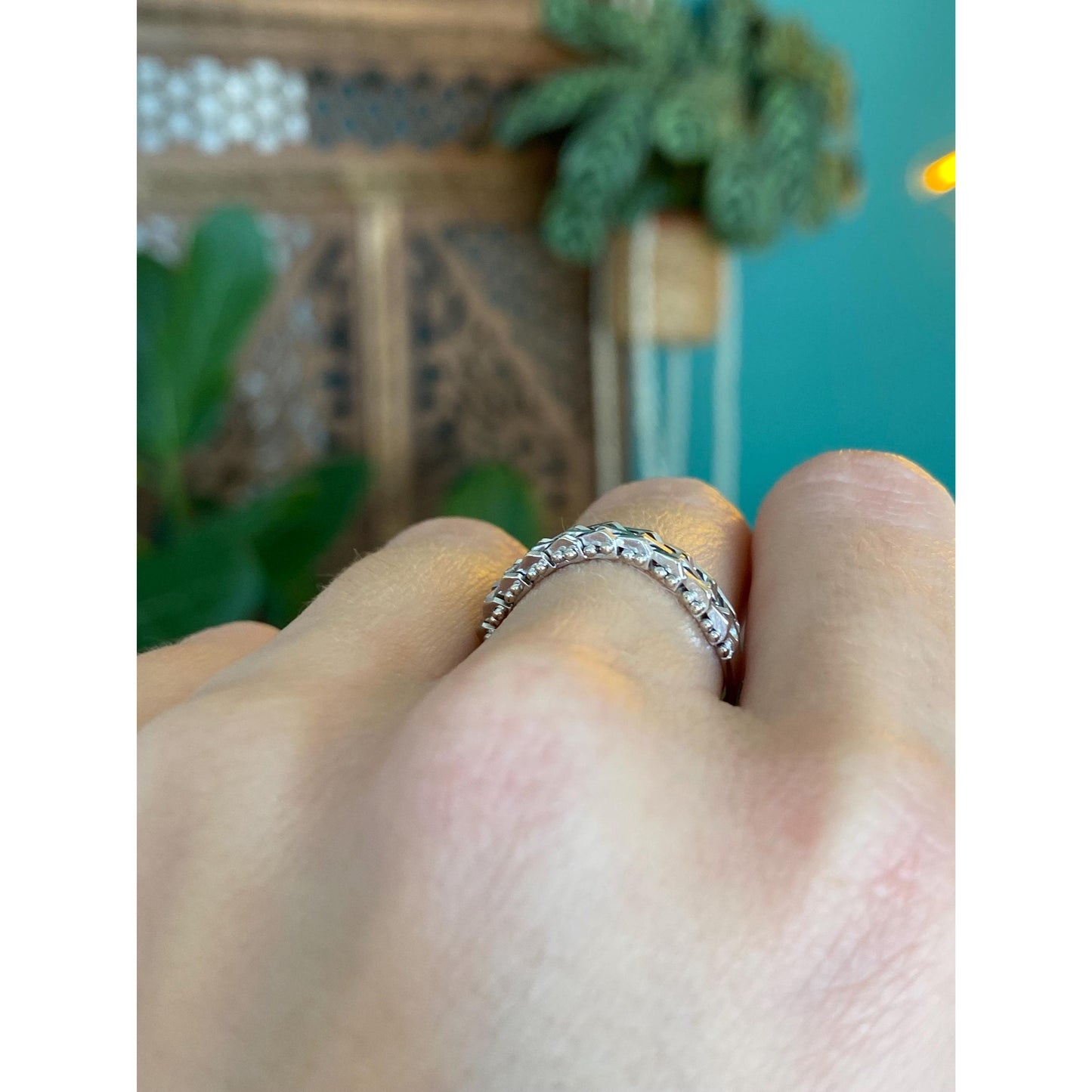 Vintage Solid 14k White Gold Mesh Chain Ring Band - Size 7.5