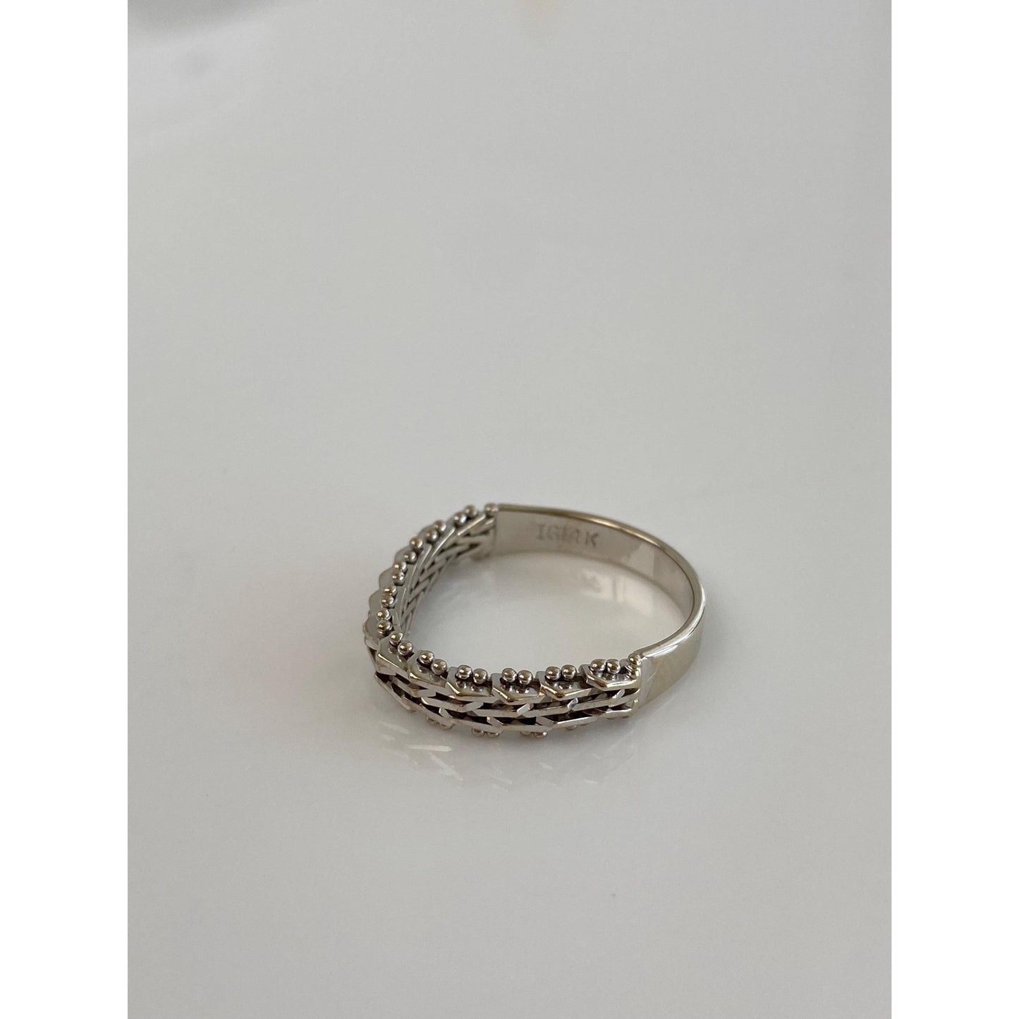 Vintage Solid 14k White Gold Mesh Chain Ring Band - Size 7.5
