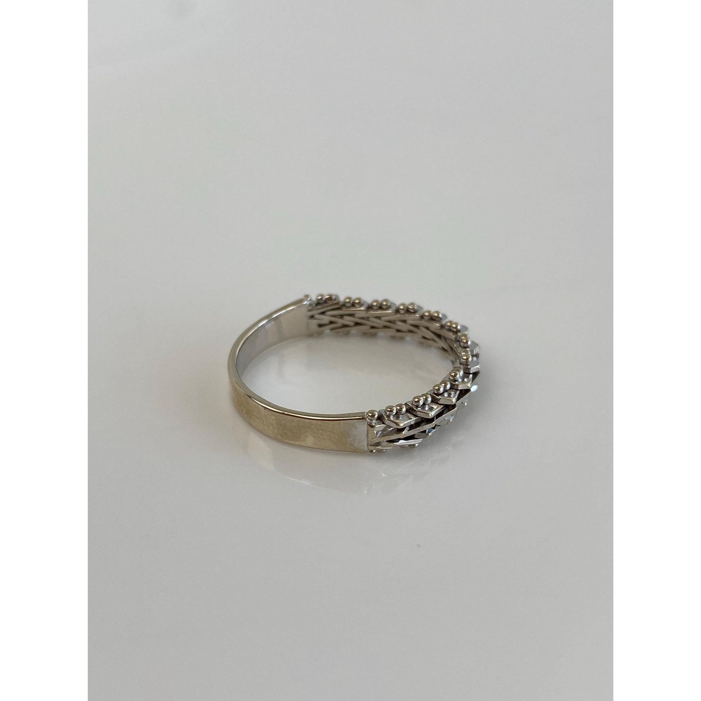 Vintage Solid 14k White Gold Mesh Chain Ring Band - Size 7.5