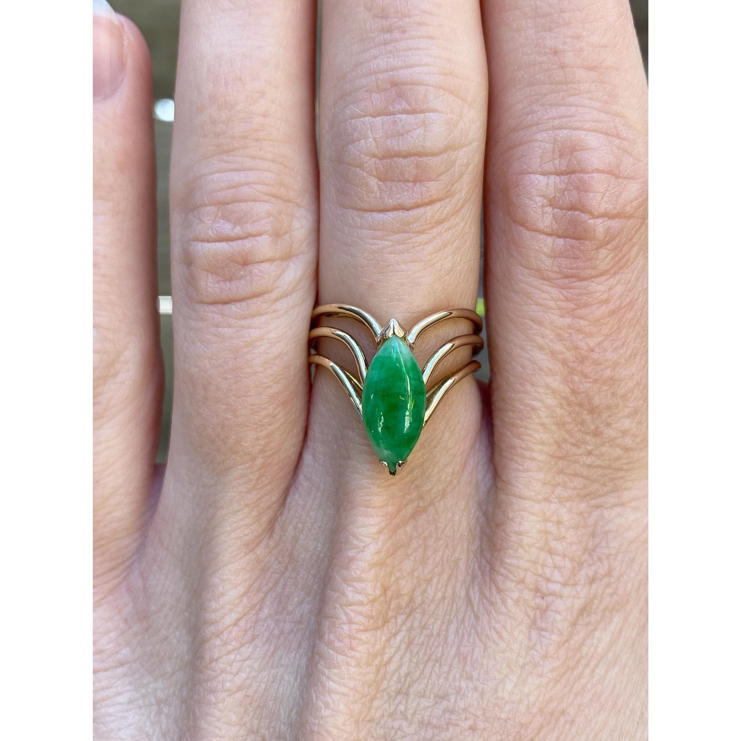 Vintage Solid 14k Yellow Gold Jade Marquis Ring - Size 5.75