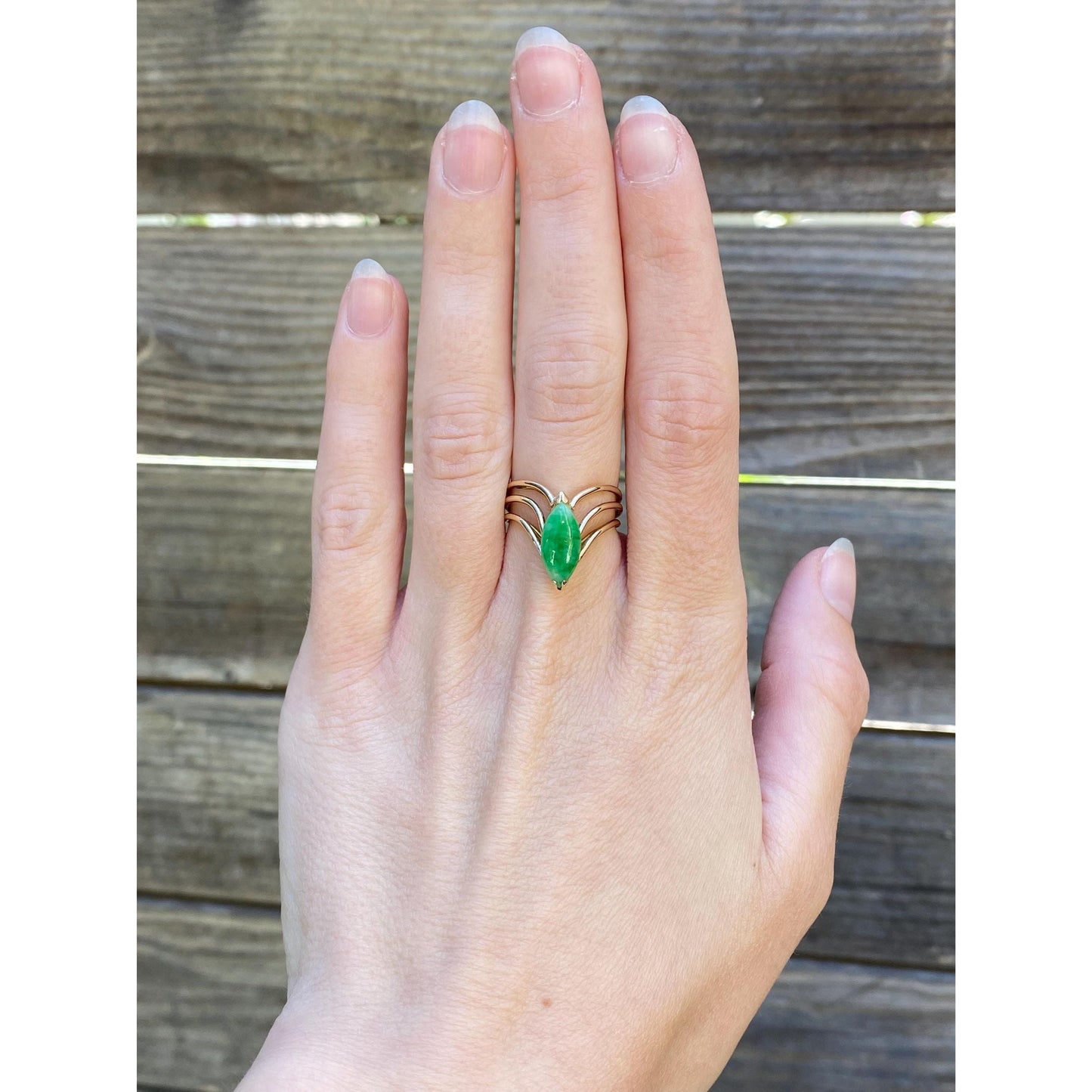 Vintage Solid 14k Yellow Gold Jade Marquis Ring - Size 5.75