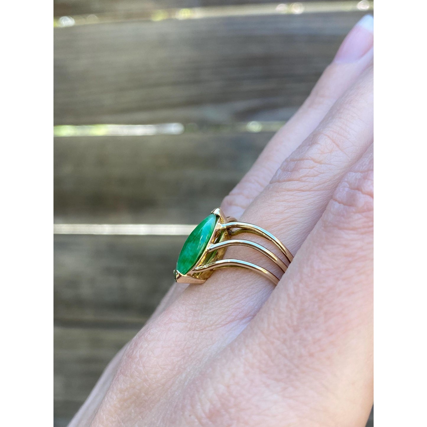 Vintage Solid 14k Yellow Gold Jade Marquis Ring - Size 5.75