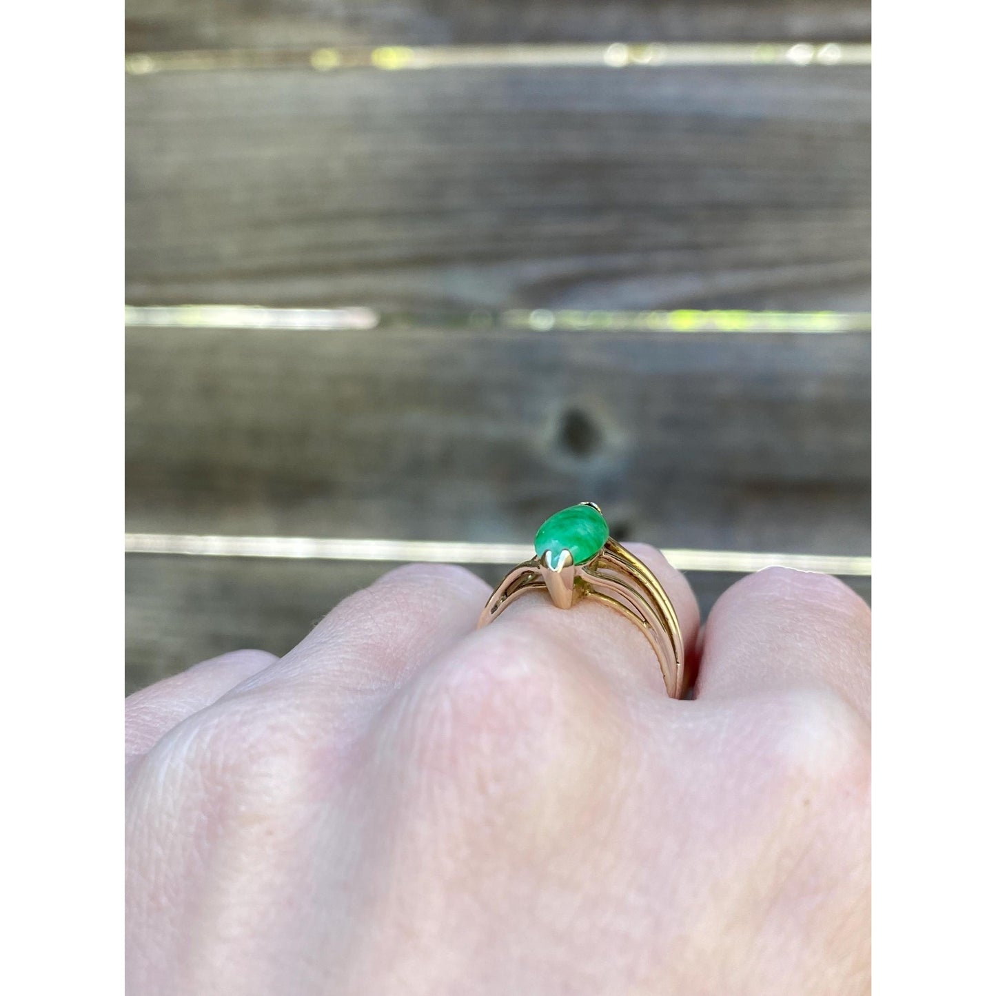 Vintage Solid 14k Yellow Gold Jade Marquis Ring - Size 5.75
