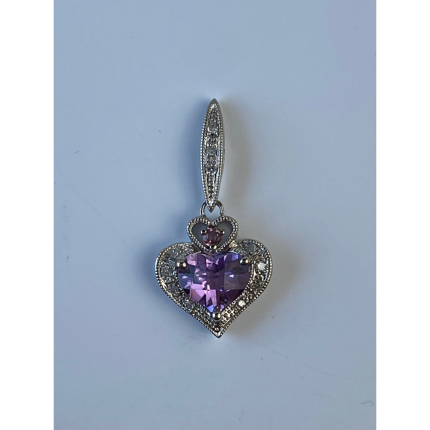 Solid 10k White Gold Amethyst Clear Sapphire Pink Tourmaline Heart Slide Charm